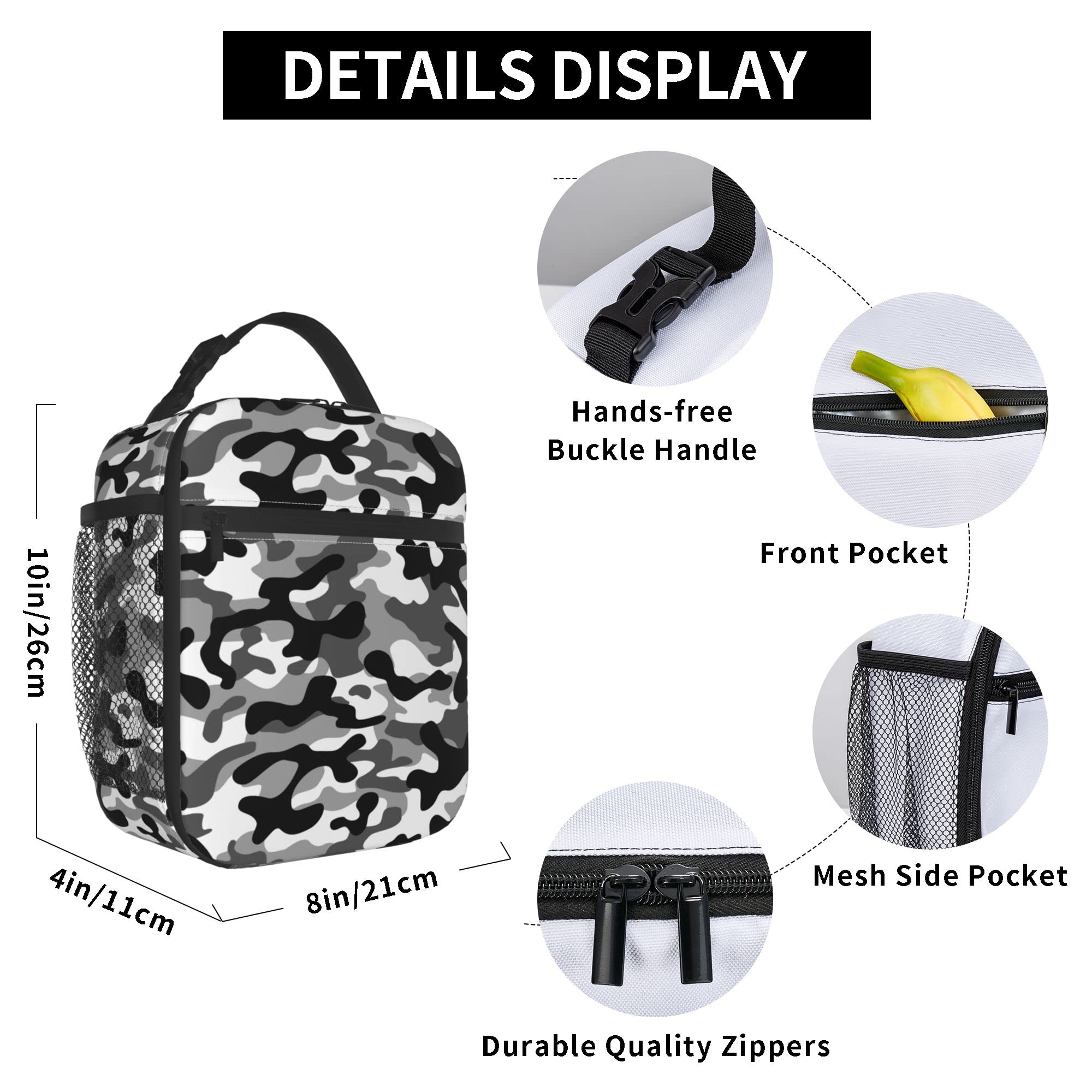 Black Camo Insulated Lunch Bag for Men & Women - Reusable Thermal Tote for Office, School, Camping & Picnic - Keeps Food Cold or Warm All Day