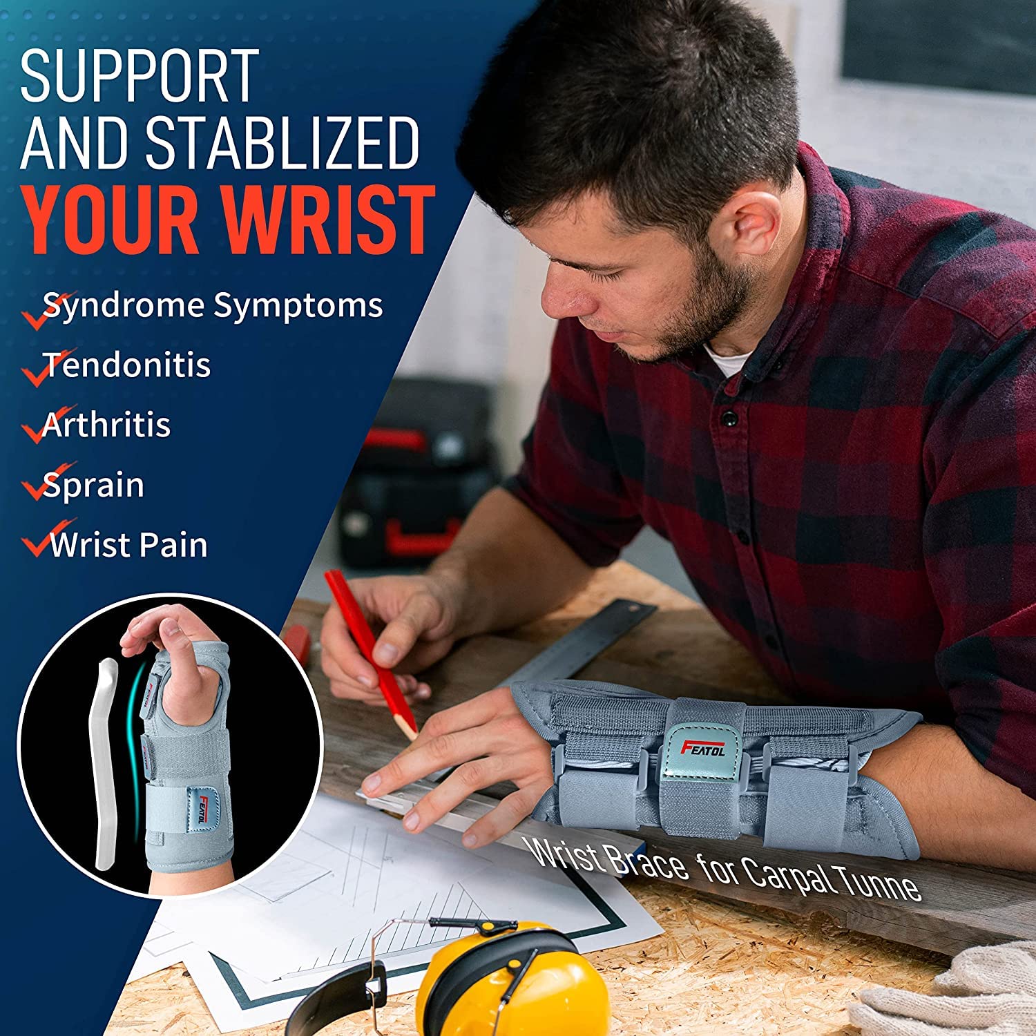 FEATOL Wrist Brace with Ice Pack - Gray & Black Adjustable Support for Carpal Tunnel, Arthritis & Injury Relief - Perfect for Typing, Gaming & Sports Recovery