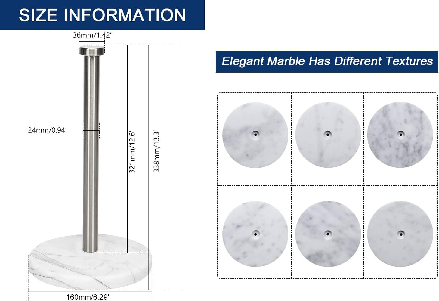 NearMoon Standing Paper Towel Holder - Brushed Nickel with Marble Base for Standard & Jumbo Rolls | Countertop Kitchen & Bathroom Organizer | Perfect for Cooking, Cleaning & Home Decor