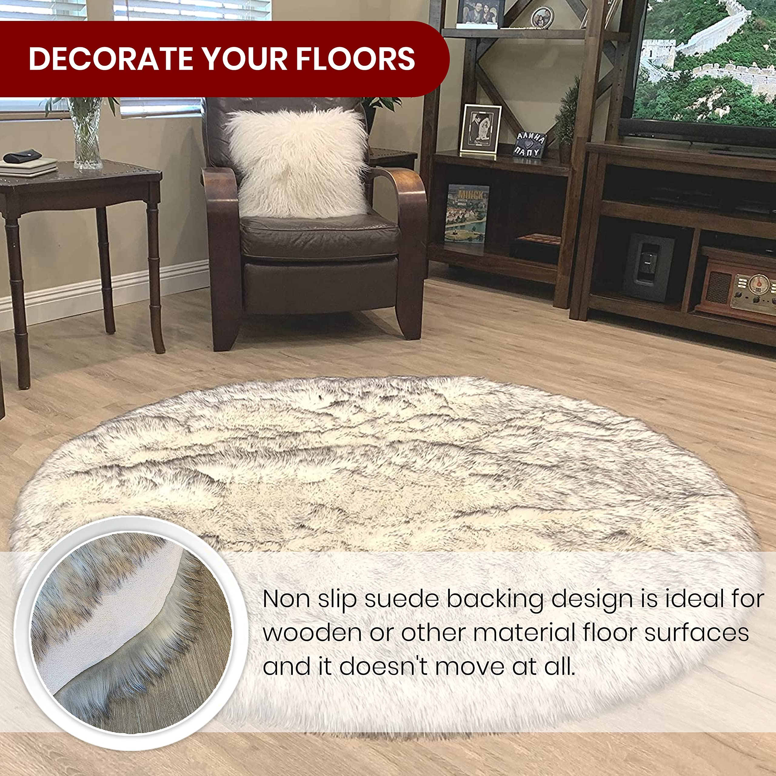 Premium Faux Sheepskin Fur Rug - Ultra Soft Fluffy Shag Area Rug for Bedroom, Living Room & Nursery | Non-Slip Home Decor Accent Rug in White with Black Tips (2'6