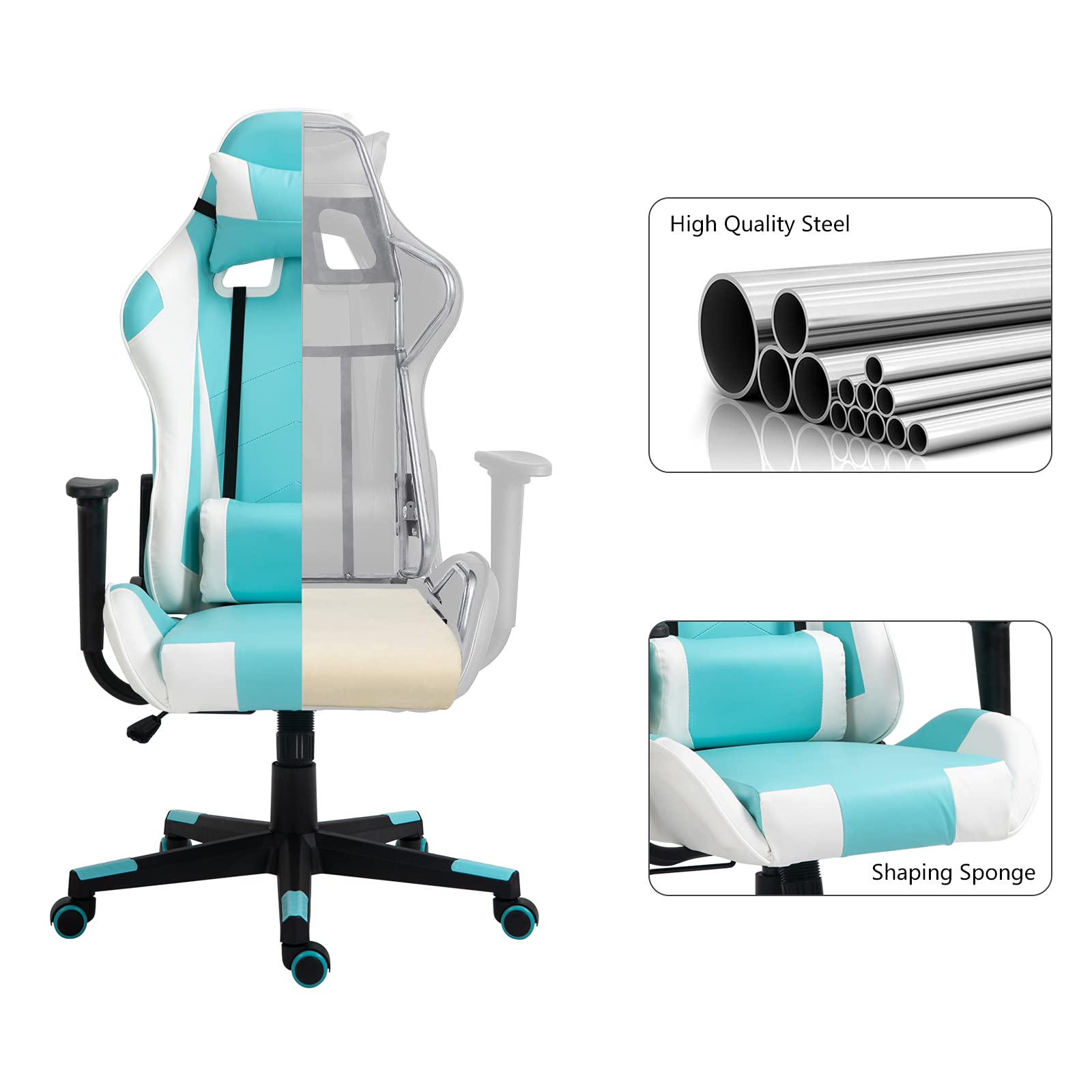 Modern-Depo Ergonomic High-Back Swivel Gaming Chair with Lumbar Support & Headrest - Adjustable Height Office Desk Chair for PC Gaming & Work (Blue & White) - Perfect for Home Office, Gaming Setup & Workstation Comfort