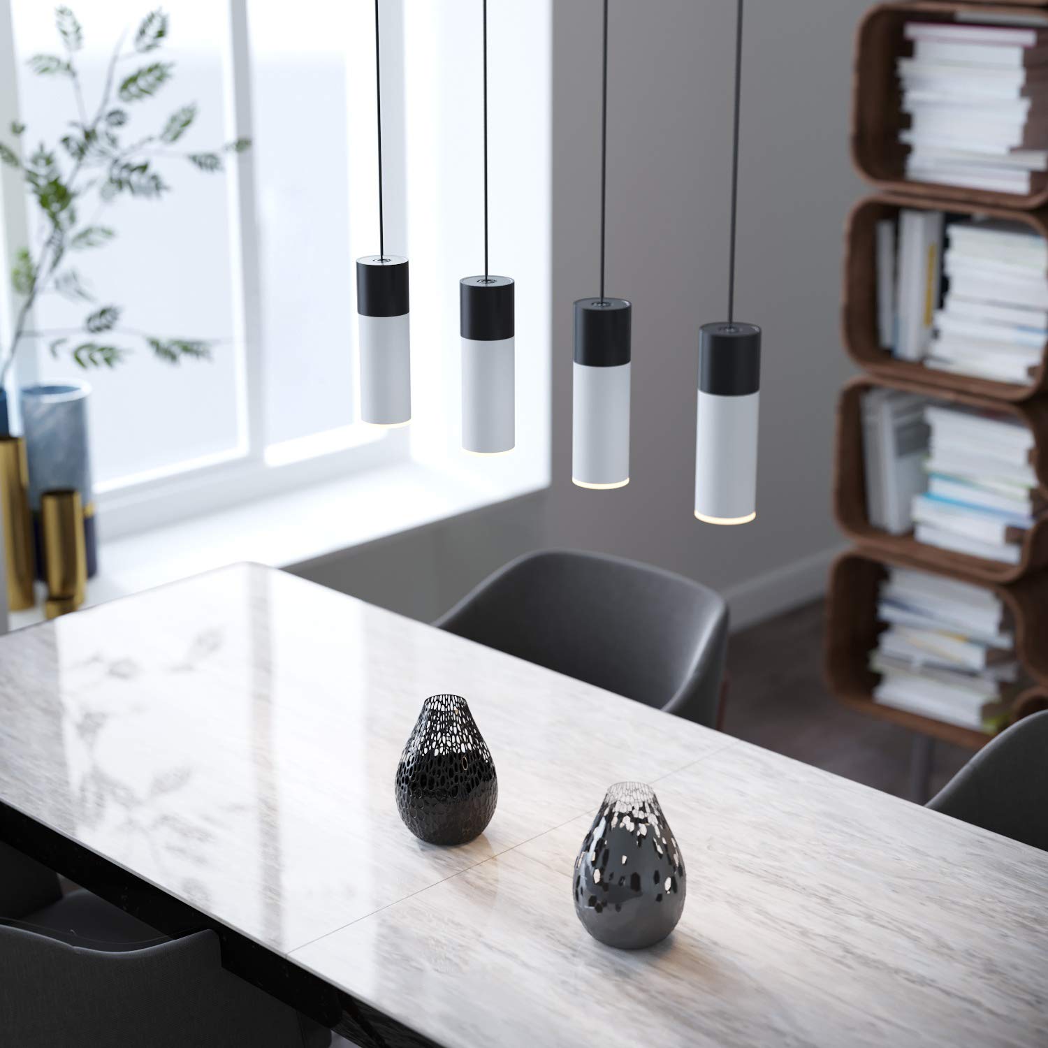 Vela 4 Mini Pendant Lighting Set - Modern Black & White LED Hanging Light Fixture for Kitchen Island, Bar Counter, Dining Room & Foyer - Adjustable Dimmable Cluster Pendants with Included Bulbs - Perfect for Home Decor, Restaurant Lighting & Commercial Spaces