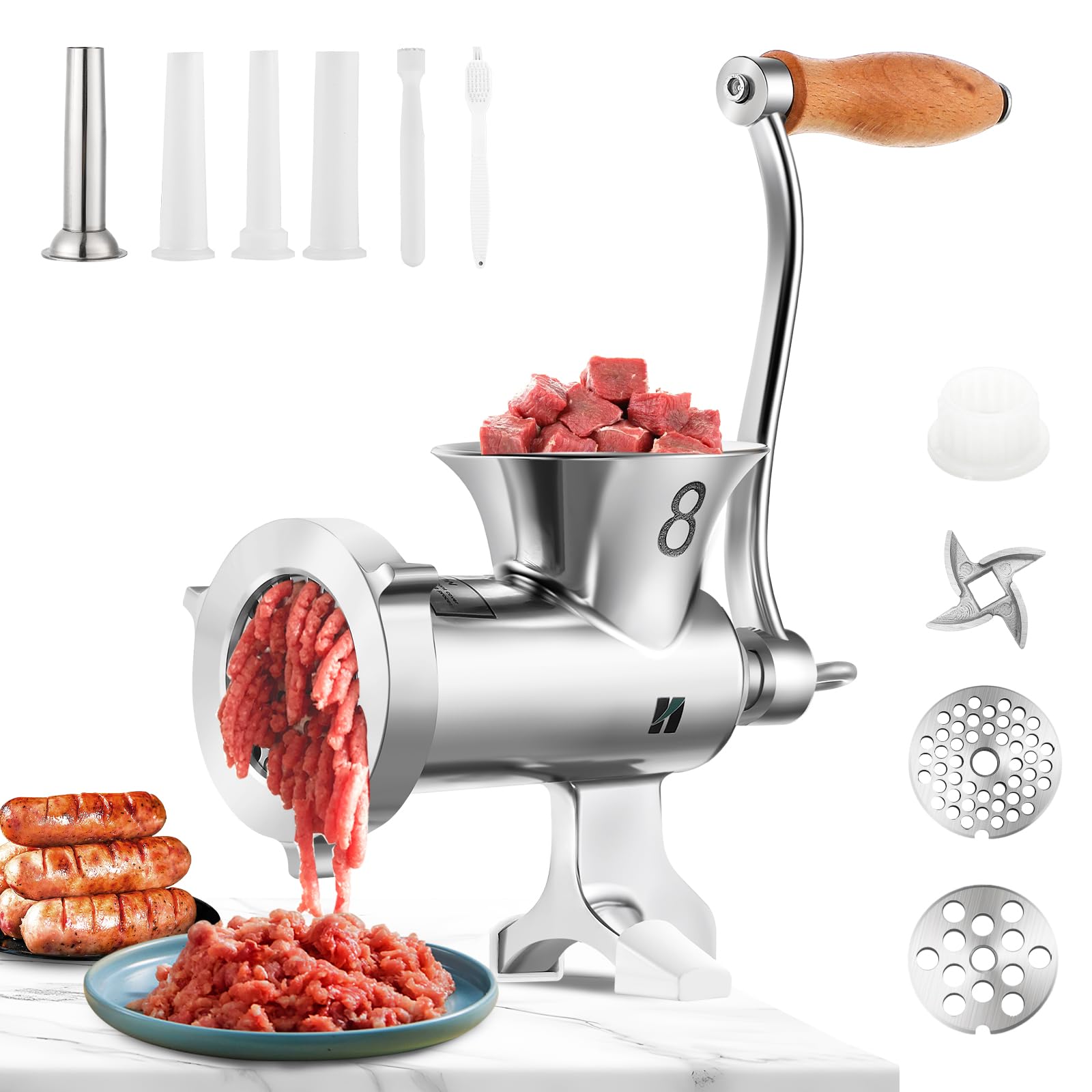 Huanyu Stainless Steel Manual Meat Grinder - Heavy Duty Table Clamp Sausage Stuffer & Food Mill with Hand Crank for Chicken, Beef, Small Bones & Chili - Perfect for Home Kitchen, Camping & Sausage Making (Model HZ-8)