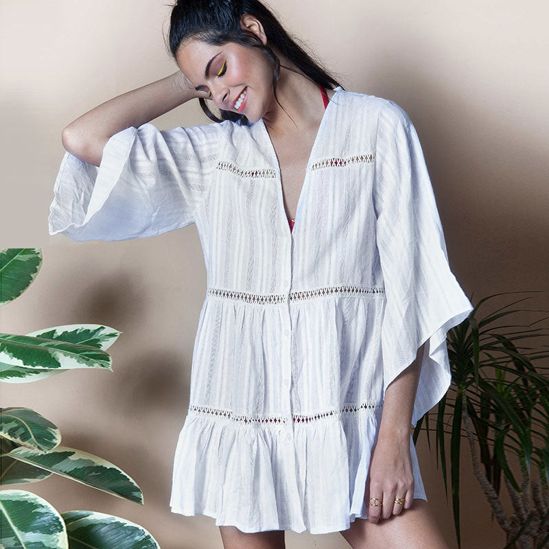 Women's Cotton Jacquard Button-Up Loose Sleeve Sun Protection Shirt - Perfect for Beach, Outdoor Activities & Summer Fashion
