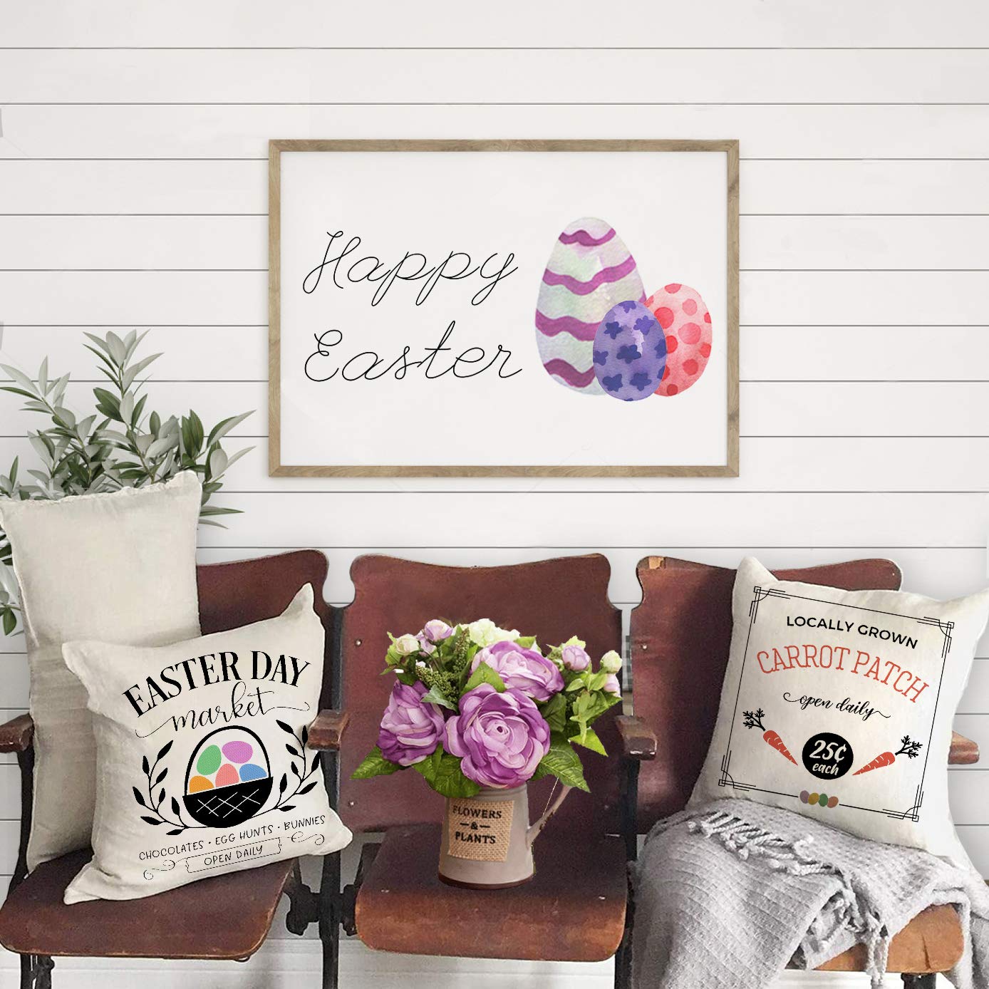Happy Easter Pillow Covers Set of 4 - 18x18 Inch Farmhouse Spring Decor with Rabbit, Egg & Carrot Designs - Cotton Linen Cushion Covers for Sofa, Couch - Perfect for Easter Home Decor, Living Room, Bedroom & Seasonal Farmhouse Styling