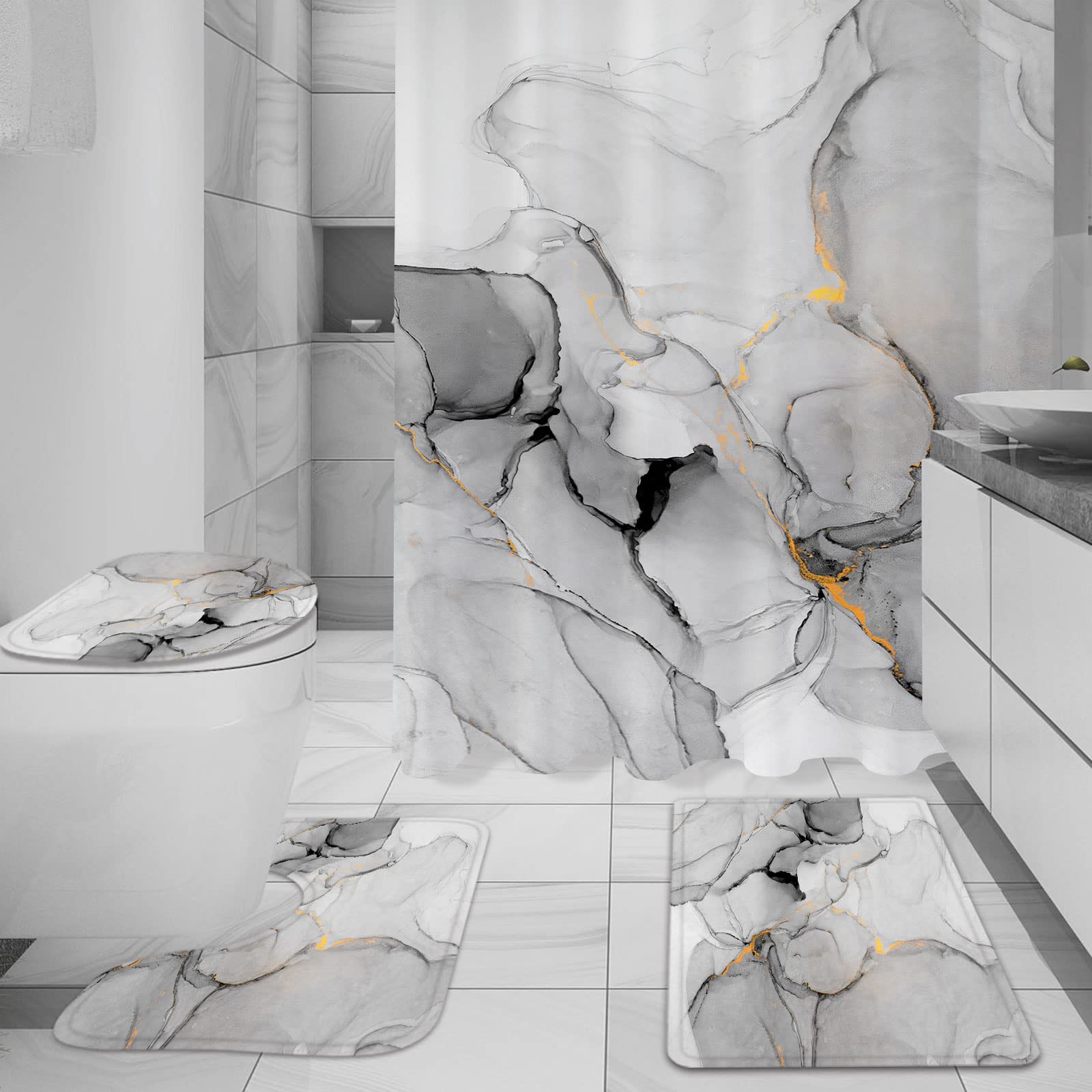 Gibelle 4-Piece Bathroom Shower Curtain Set with Non-Slip Rugs, Toilet Lid Cover & Bath Mat - Grey Marble Bathroom Decor for Modern Homes | Perfect for Bathroom Upgrades & Guest Bathrooms