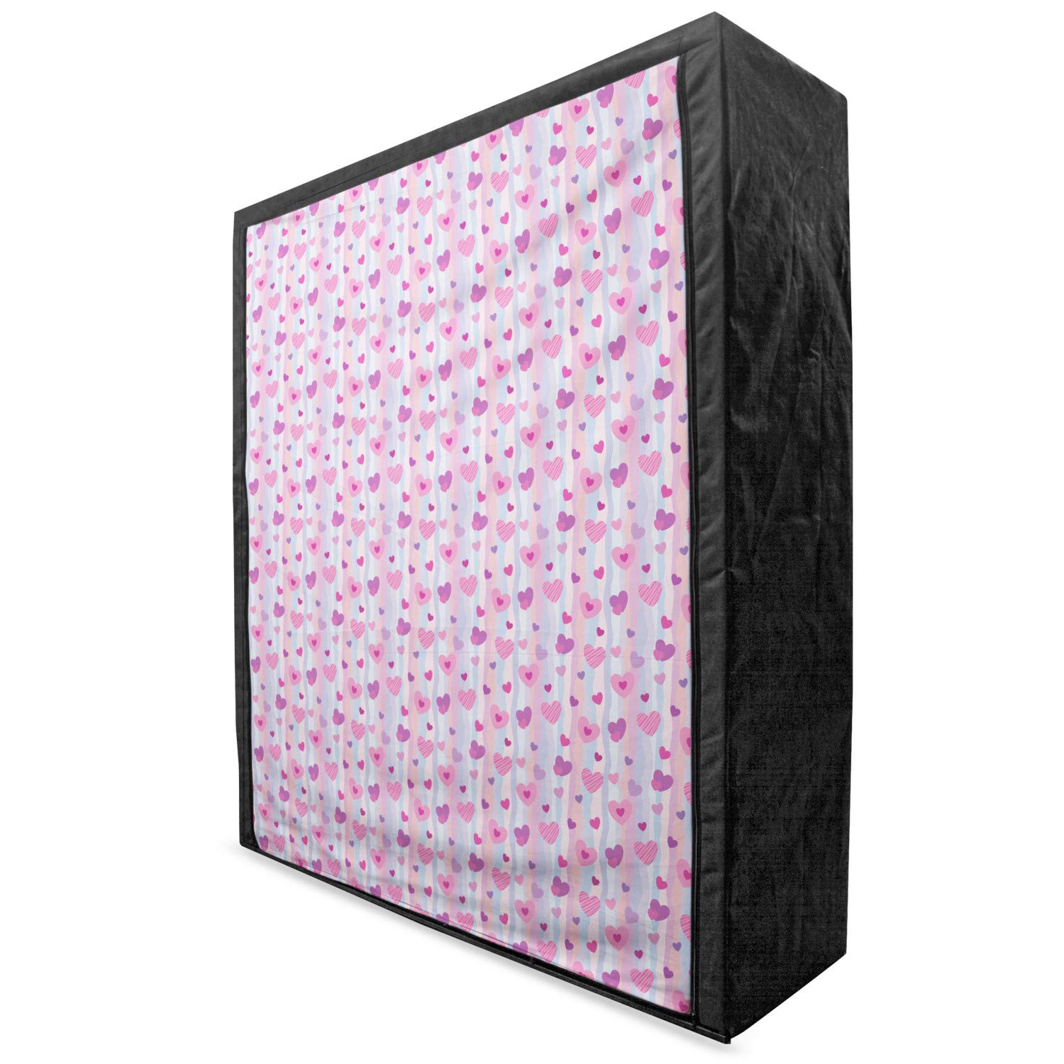 Ambesonne Purple Fabric Wardrobe Closet with Hearts & Stripes Design - 59 Inch Portable Clothing Organizer with Shelves for Bedroom, Closet, Dorm, or Travel Storage | Valentines Day Gift Idea