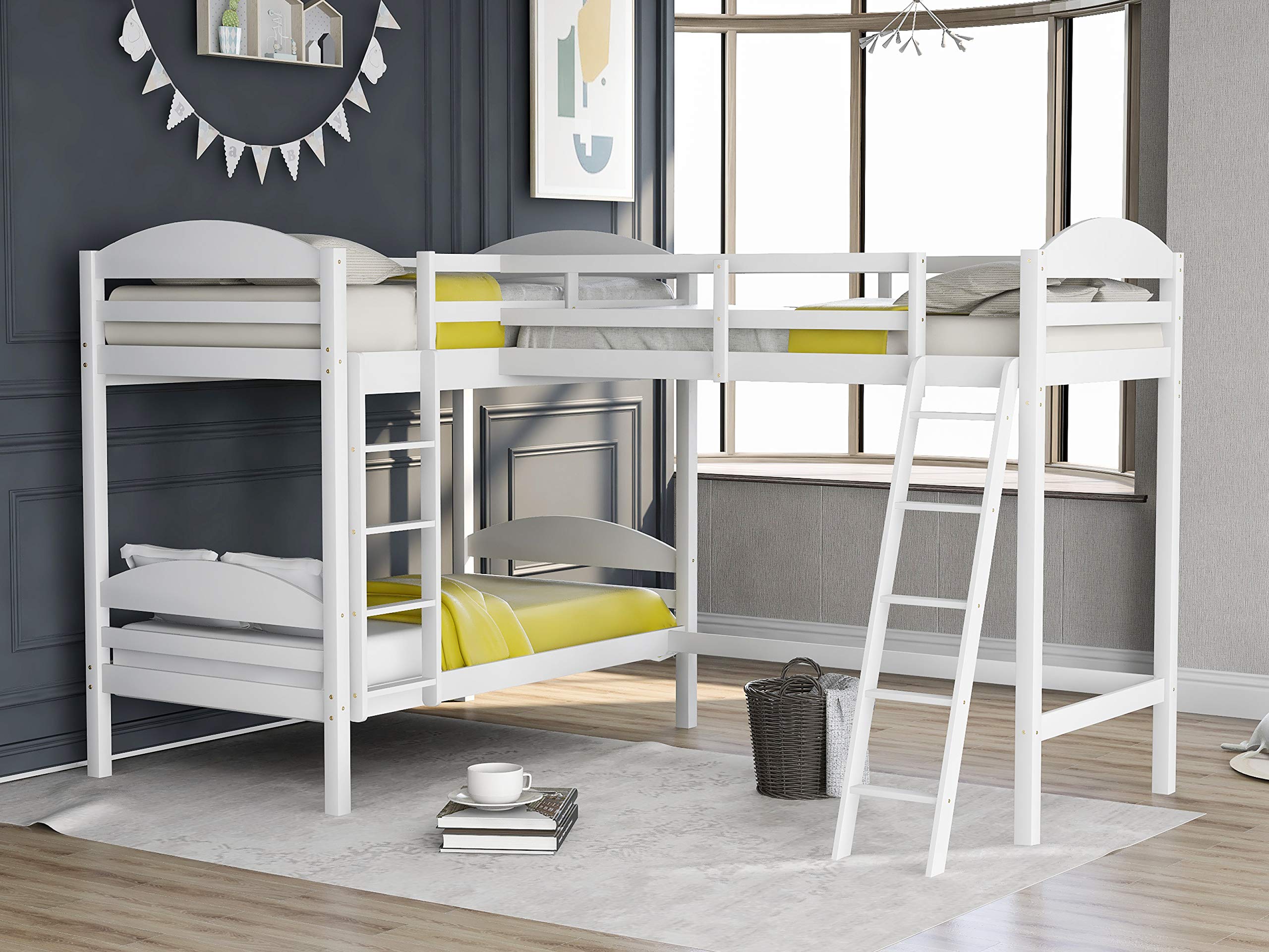 P PURLOVE Twin Over Twin L-Shaped Bunk Bed with Slat Support - No Box Spring Needed - Space Saving Loft Bed for Kids & Teens (White) - Perfect for Small Bedrooms, Dorm Rooms & Shared Kids' Rooms