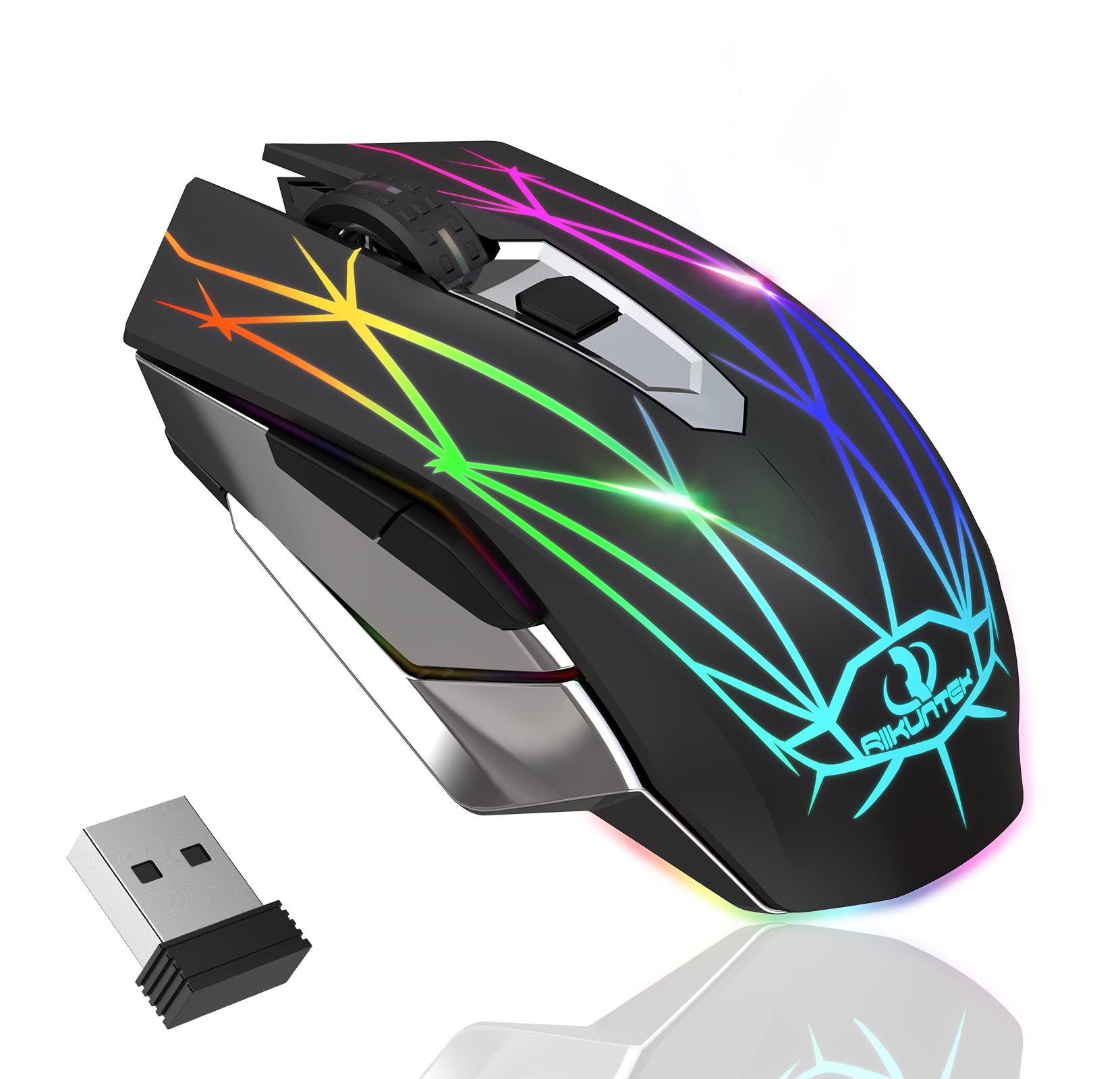 RIIKUNTEK Wireless Gaming Mouse - Rechargeable RGB Optical Mouse with 3 Adjustable DPI (800/1600/2400), Silent Click, 2.4GHz USB Receiver, Ergonomic Design for PC, Laptop, Mac - Perfect for Gaming, Office Work & Travel Use - Black