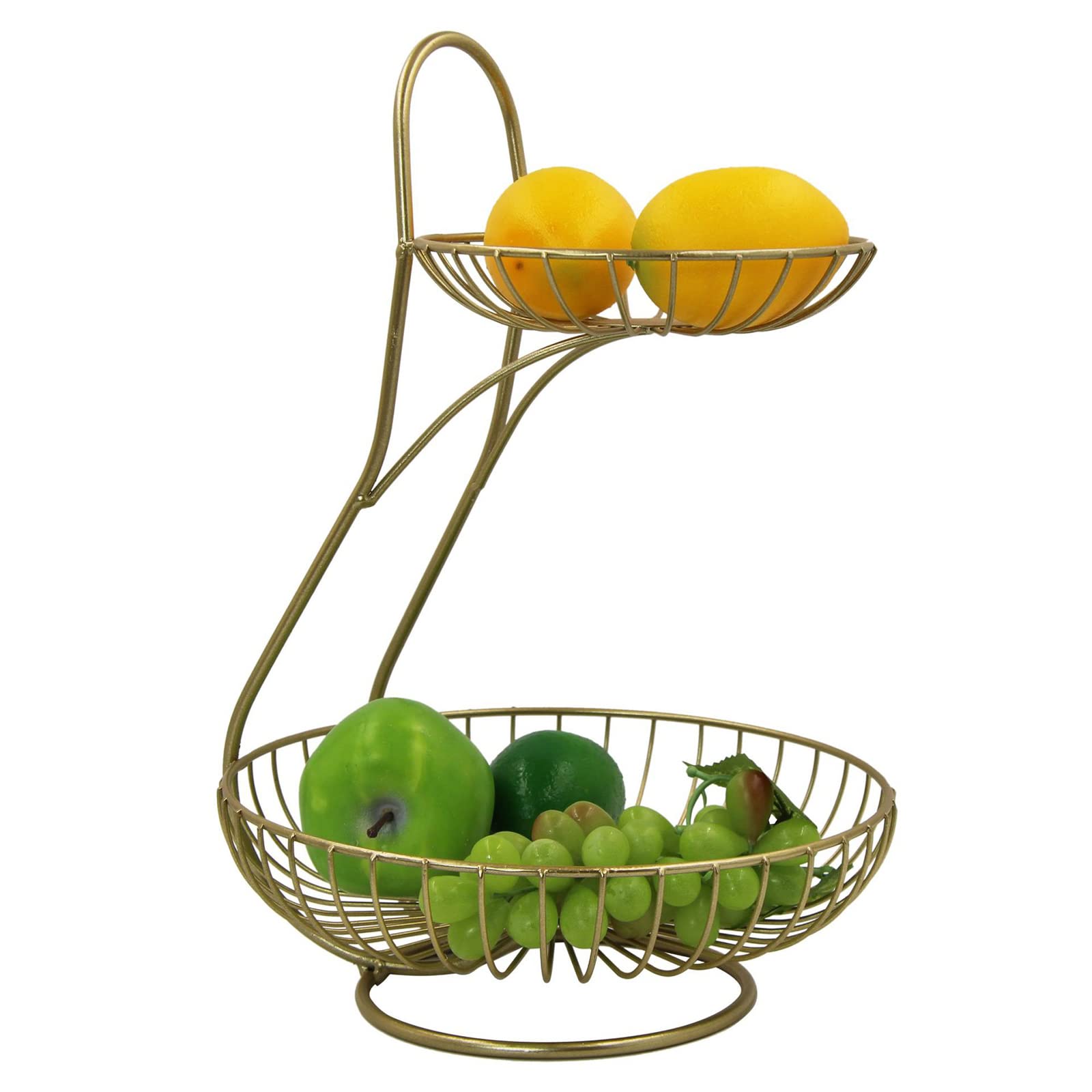 2-Tier Fruit Basket with Banana Hanger - Portable & Detachable Kitchen Countertop Organizer for Fruits & Vegetables - Gold Metal Storage Display (Perfect for Small Kitchens, Dining Tables & Pantry Organization)