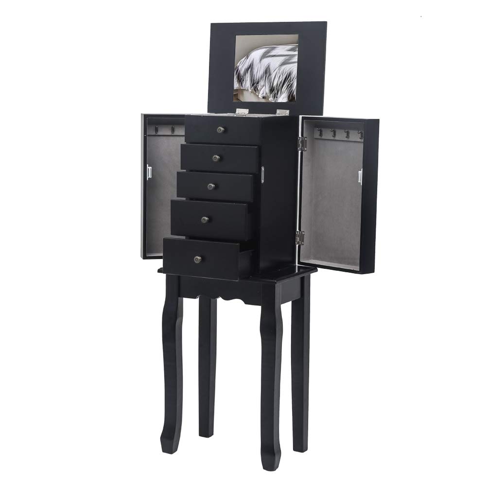 Elegant Jewelry Armoire with Mirror - 5 Drawers & 6 Necklace Hooks, Standing Jewelry Storage Cabinet with Top Organizer & 2 Side Swing Doors (Black) - Perfect for Bedroom, Closet & Dressing Room Organization