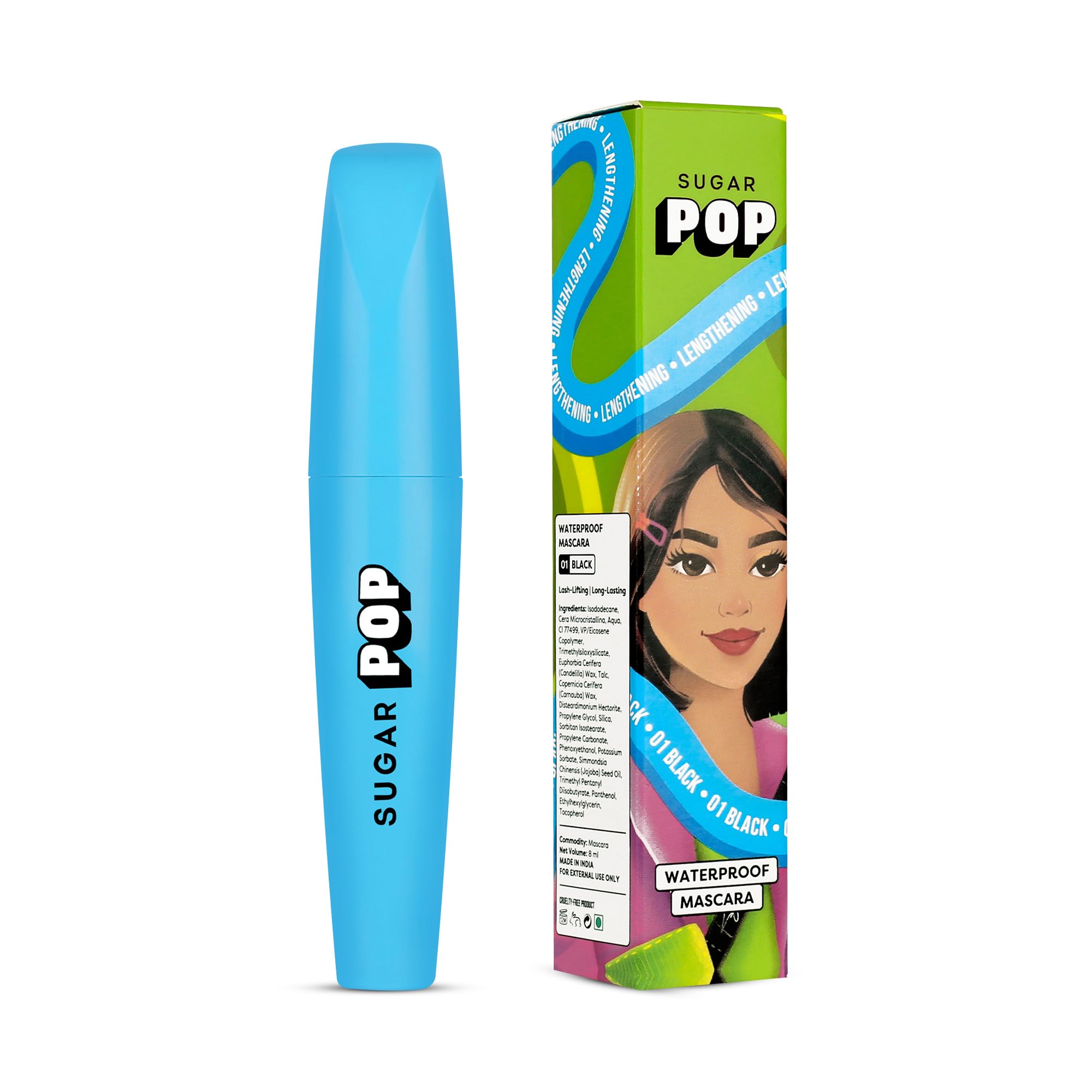SUGAR POP Waterproof Mascara for Long Lashes - Smudge Proof, Clump Free Formula with Jojoba Oil & Vitamin E - 8ml Black Mascara for Swimming, Gym & Everyday Wear