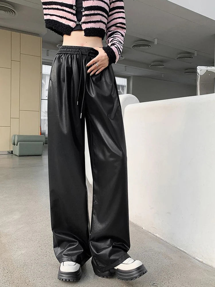 Women's Faux Leather PU Wide Leg High Waist Pants - Elastic Waistband with Lace Up Detail, Straight Leg Full Length Trousers for Autumn Winter Fashion | Perfect for Office Wear, Casual Outfits and Night Out