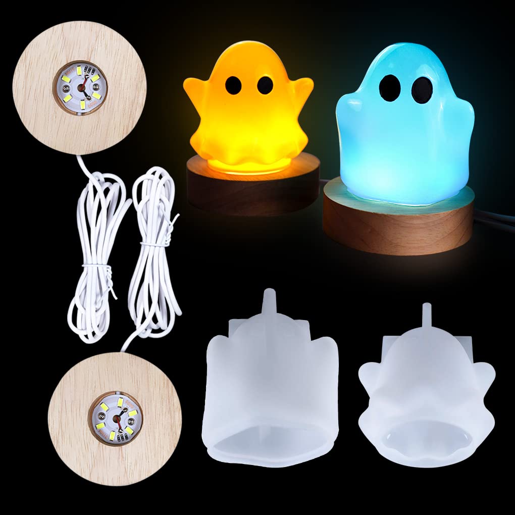 FineInno 2-Piece Halloween Ghost Resin Molds Set - LED Night Light Epoxy Casting Silicone Molds with Wooden Base for DIY Home Decor, Party & Holiday Decoration - Perfect for Halloween, Christmas & Gift Giving