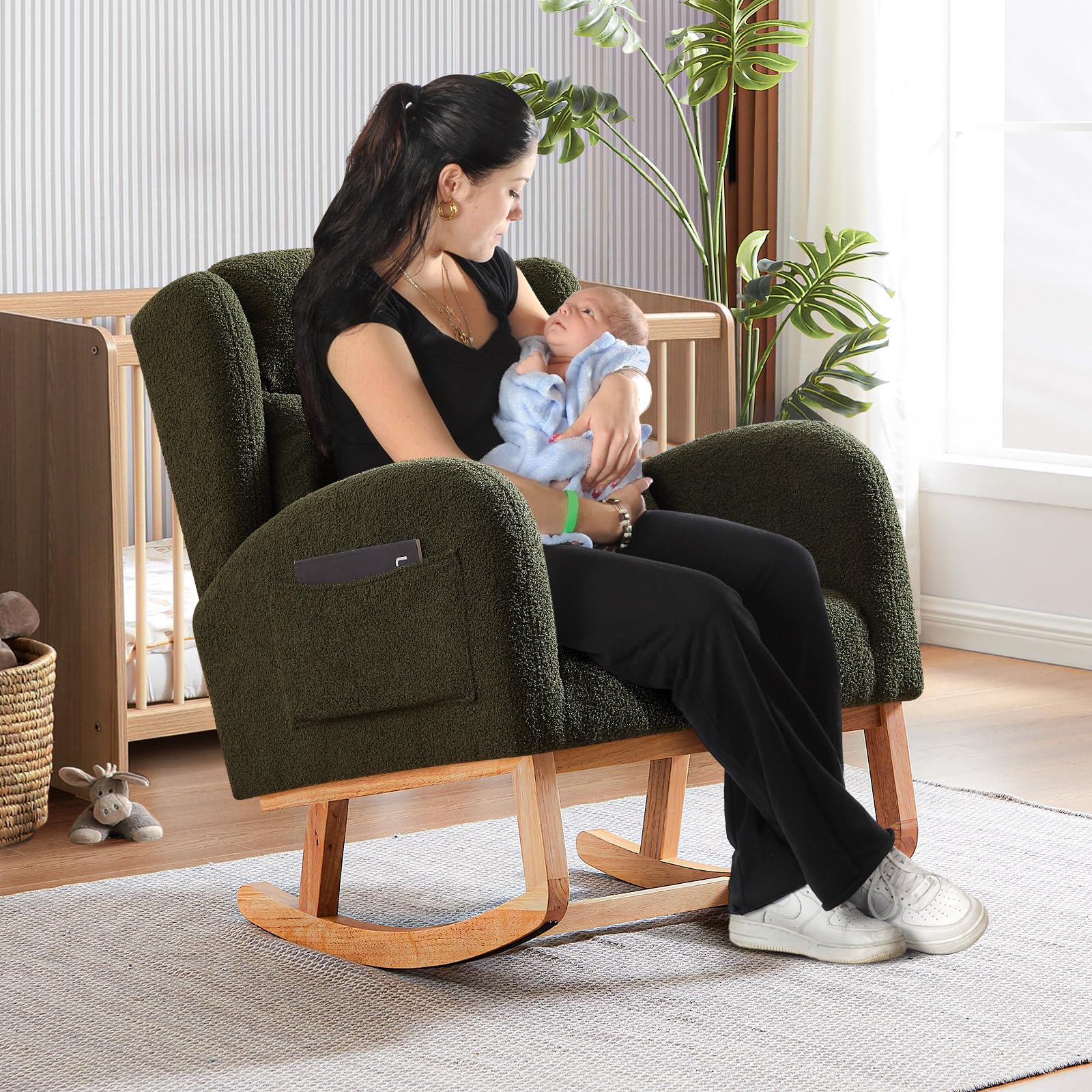 Antetek Modern Rocking Chair - High Back Teddy Upholstered Nursery Rocker with Lumbar Support, Wingback Accent Armchair for Living Room, Bedroom & Nursery (Green) | Perfect for Nursing, Reading & Relaxing