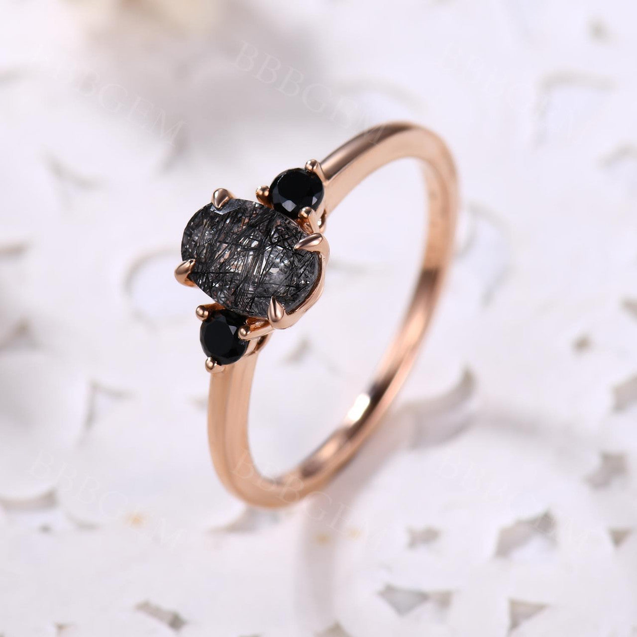 Black Rutilated Quartz Rose Gold Engagement Ring for Women - Black Spinel Wedding Band for Her - Elegant Jewelry Gift for Brides, Anniversaries & Special Occasions
