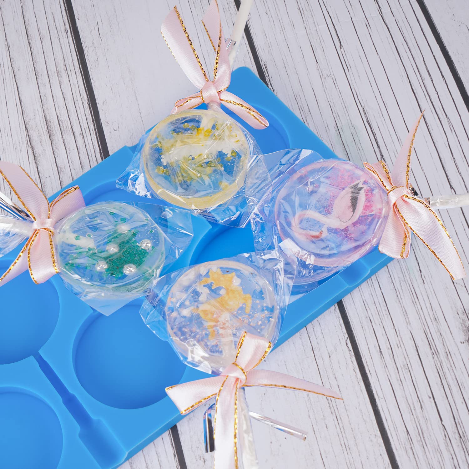 Beasea 6-Cavity Large Silicone Lollipop Mold Kit - Reusable Candy Molds for Chocolate, Hard Candy & Ice Pops - Includes 50 Lollipop Sticks & Durable Kitchen Tray (Blue) - Perfect for Birthday Parties, DIY Treats & Holiday Gift Making