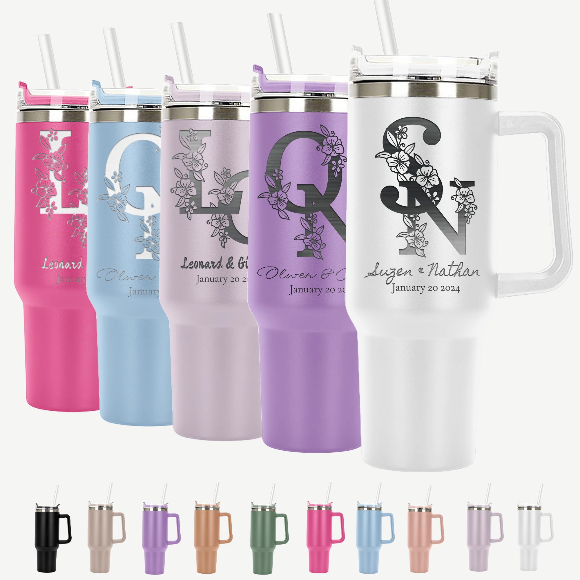 Personalized Floral Initial Split Monogram Tumbler 40 oz - Laser Engraved Insulated Cup with Handle, Lid & Straw - Valentine's Day, Birthday Gift for Her - Perfect for Coffee, Iced Tea & Daily Hydration