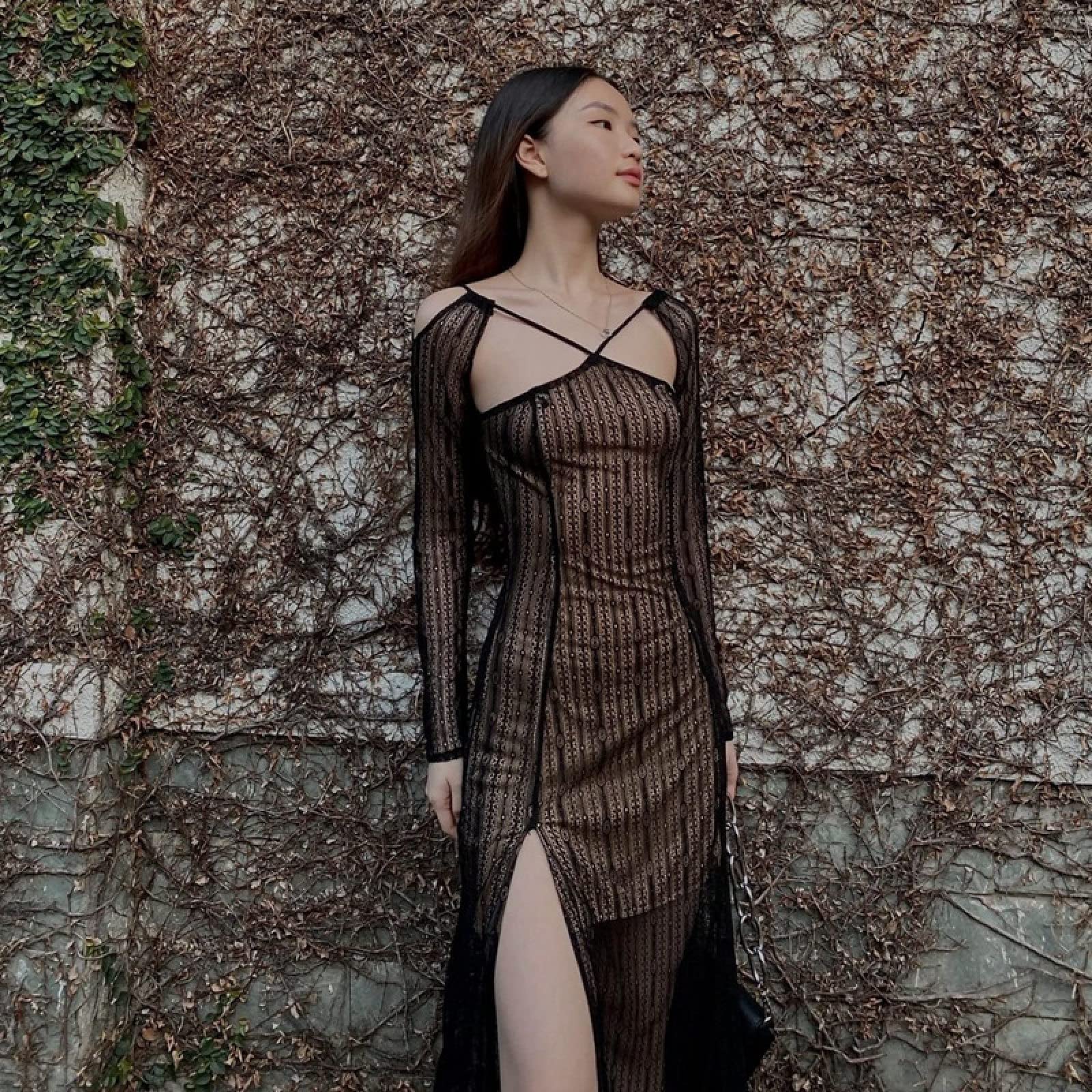 Sexy Cutout Square Neck Long Sleeve Dress for Women - Fashion Sheer Mid Length Off Shoulder Party Dress for Date Night, Club, Evening Events