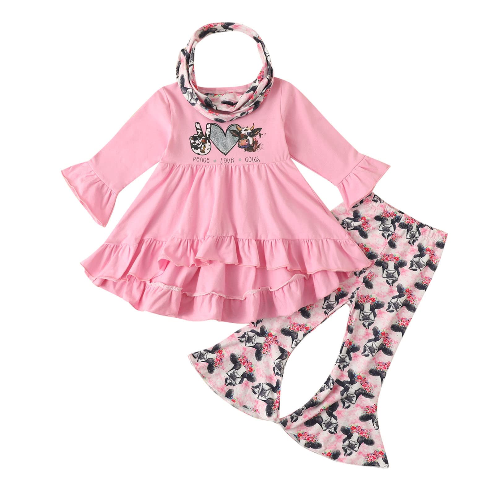 Adorable Baby Girls' Cartoon Animal Print Outfit - Ruffled Long Sleeve Top & Flared Pants with Matching Headband | Cute Toddler Fashion for Playdates, Parties & Photo Shoots