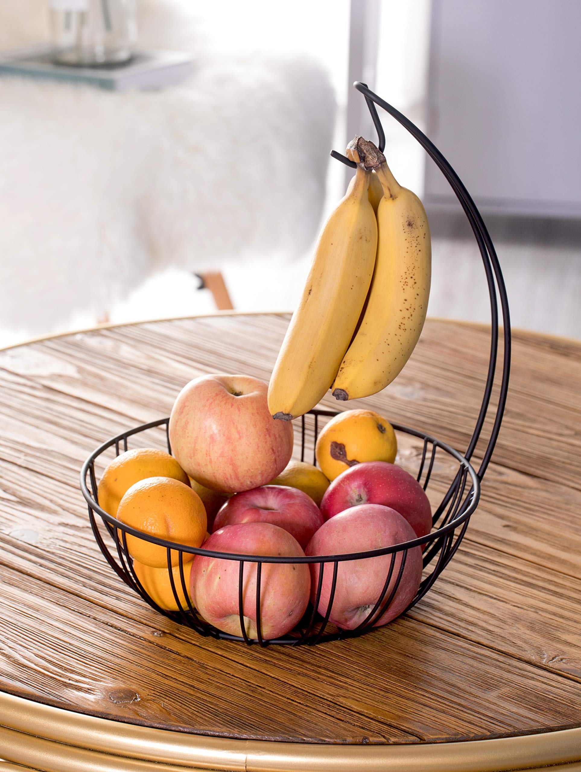 Basicwise Metal Wire Fruit Basket with Banana Hanger - Rustproof Kitchen Countertop Organizer for Fruits, Vegetables & Snacks - Perfect for Dining Table, Pantry or Office Break Room (Black)