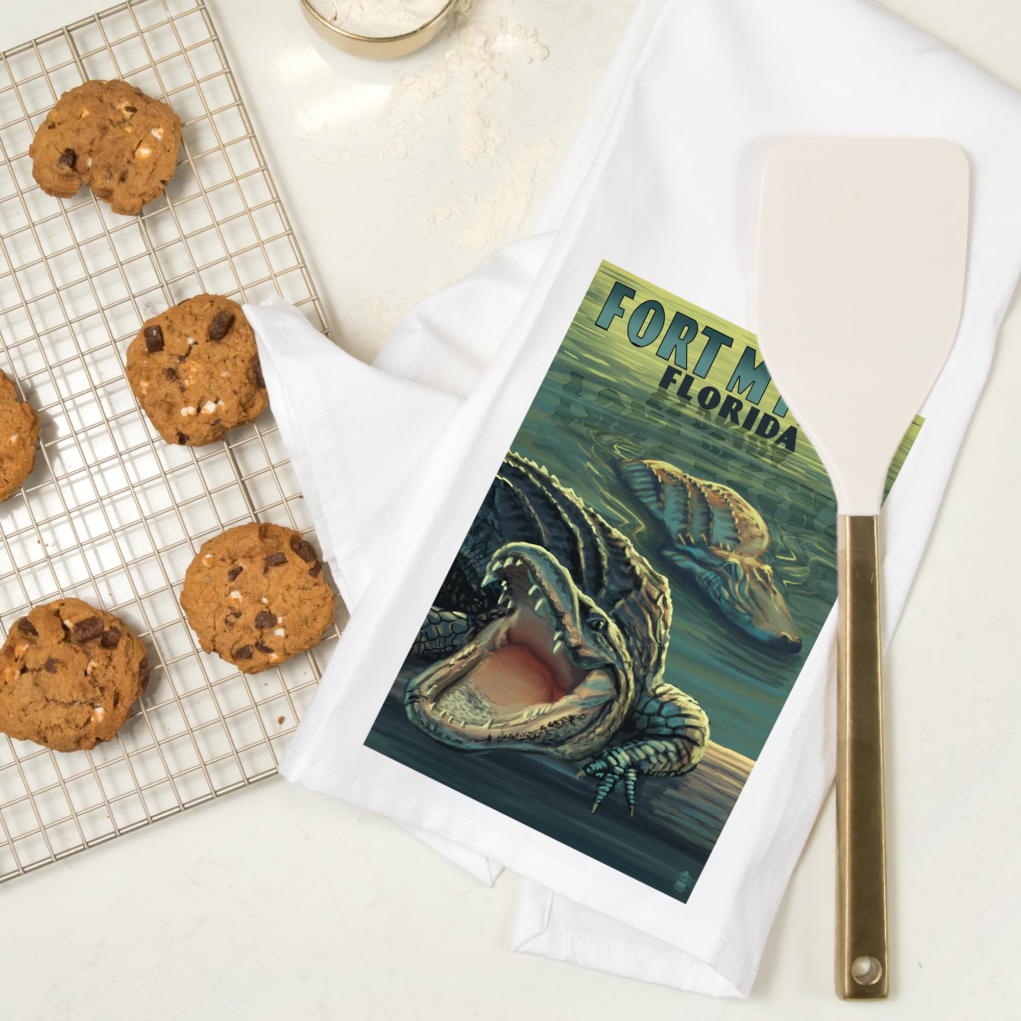 Lantern Press Fort Myers Florida Alligators 100% Cotton Tea Towel - Decorative Hand Towel & Kitchen Towel for Home Decor, Dish Drying & Gift Giving
