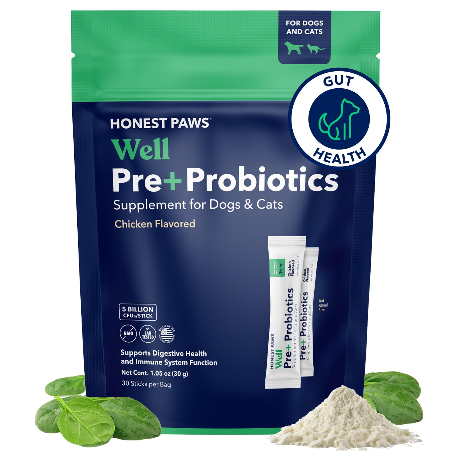 Honest Paws Probiotics for Dogs - Digestive & Immune Support Powder with Prebiotics | Made in USA | Chicken Flavor (30 Sticks) | Supports Gut Health & Immunity for Active Dogs