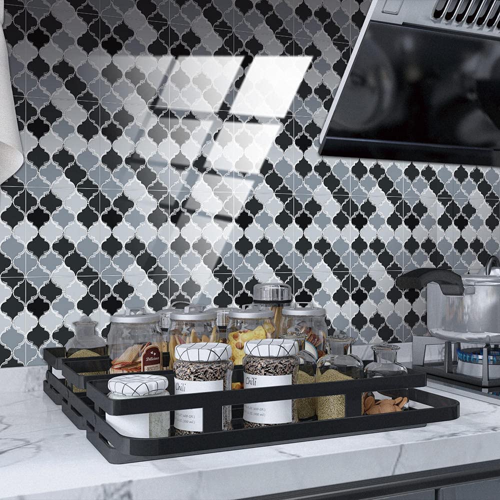 10cm x 10cm Black & Grey Tile Stickers (10 Pack) - Waterproof Peel & Stick Wall Tile Decals for Kitchen Backsplash, Bathroom, Laundry Room - Easy DIY Home Decor Upgrade