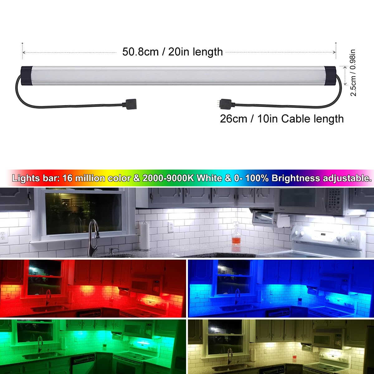 Dimmable Under Cabinet LED Lighting Kit - 20 Inch RGB Light Bars with RF Remote & Alexa Control, Linkable Smart Lights for Kitchen, Desk, Workbench & Shelf (6 Pack) - Perfect for Task Lighting & Ambient Decor