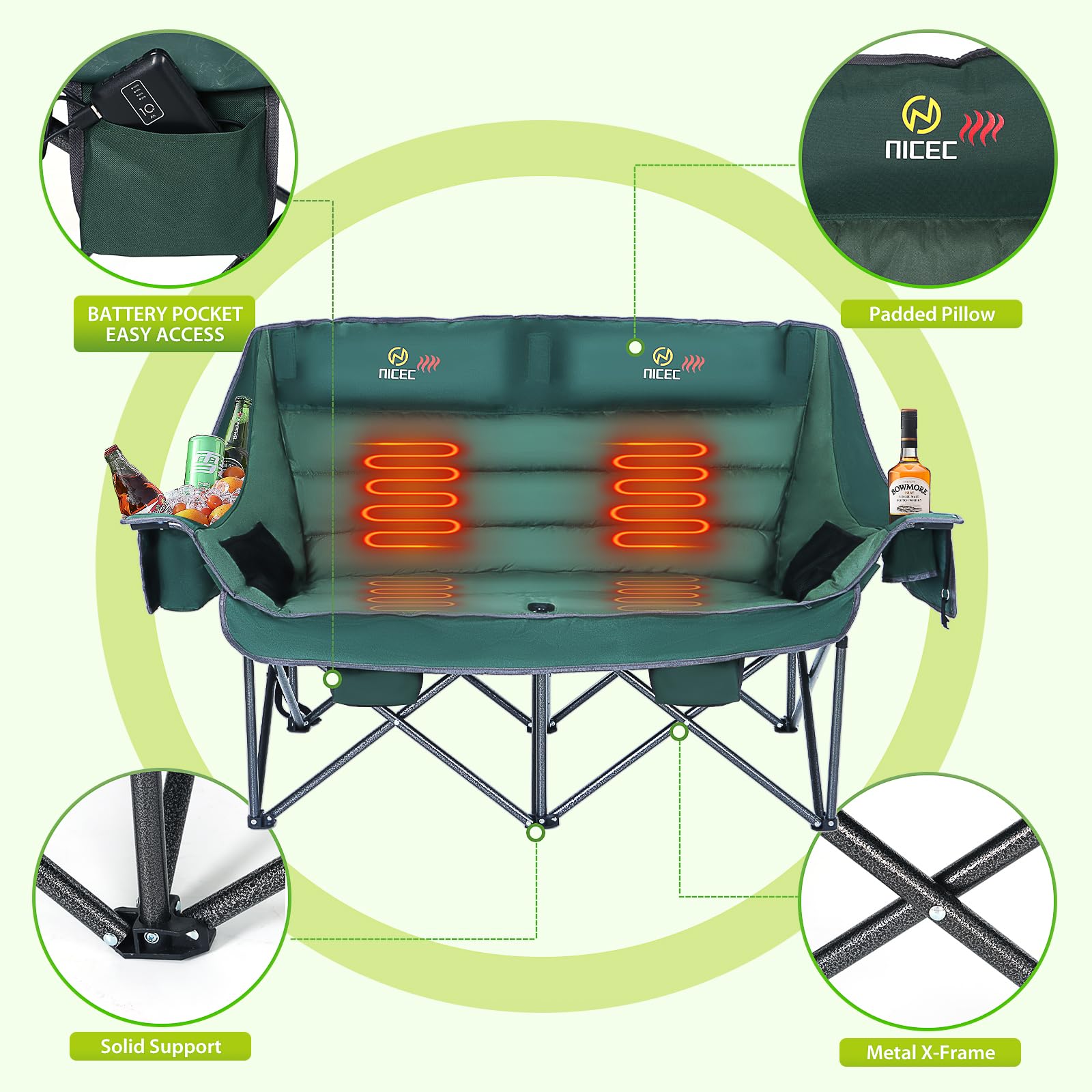 Premium Heated Camping Chair for Adults - Oversized Double Loveseat with Adjustable Heating & Extra Padding - Includes Insulated Cooler Bag - Perfect for Outdoor Camping, Backyard Relaxation & Winter Sports Events
