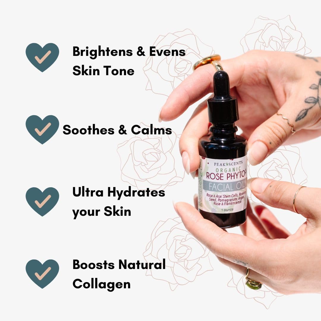 Organic Rose Phyto Facial Oil with Rosehip & Argan Oil - Infused with Rose Extract & Frankincense Essential Oil - Anti-Aging Face Serum for Gua Sha Massage & Night Skincare Routine (1oz) - Perfect for Dry Skin & Wrinkle Reduction