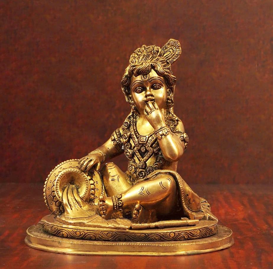 Baby Krishna Brass Statue - Handcrafted Hindu Deity Figurine for Home Altar, Pooja Room Decor & Spiritual Gift
