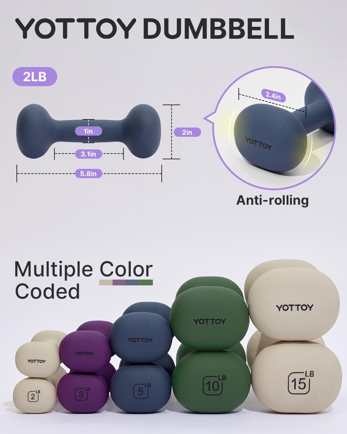 YOTTOY 2-15 Pound Neoprene Dumbbell Set for Women - Non-Slip Hand Weights for Home Workouts, Strength Training & Fitness - Perfect for Yoga, Pilates, HIIT & Home Gym Exercises