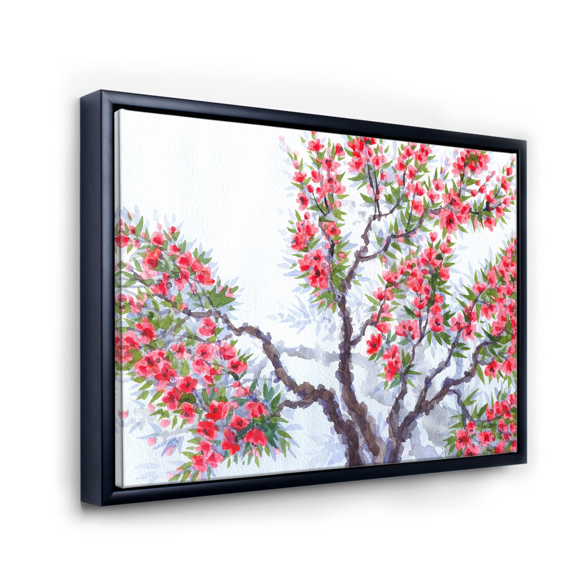 DesignQ Red Flowers of Spring Tree - Traditional Framed Canvas Wall Art Print for Home Decor, Living Room, Bedroom & Office
