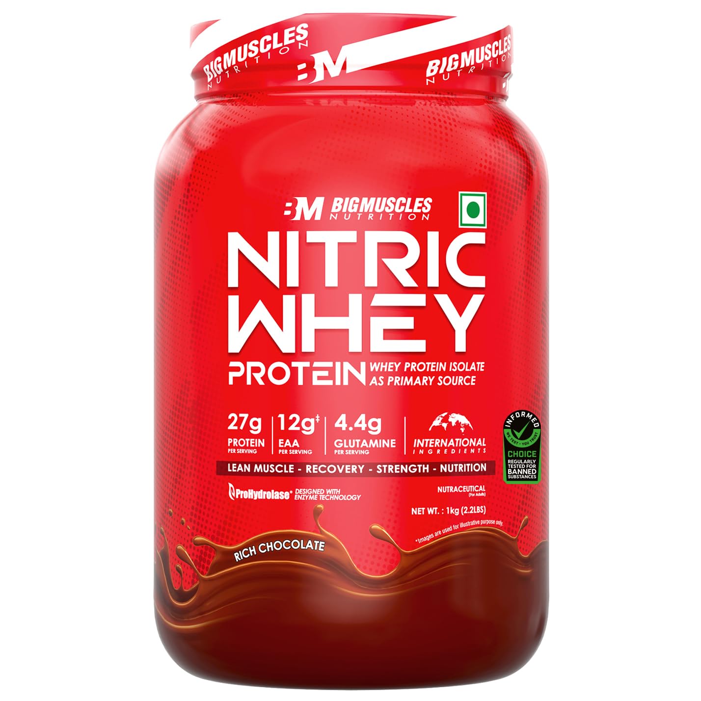 Bigmuscles Nutrition Nitric Whey Protein Powder - 27g Isolate Whey Protein per Serving with ProHydrolase Enzyme for Fast Absorption & Lean Muscle Growth - Rich Chocolate Flavor - 1Kg Pack - Ideal for Post-Workout Recovery & Muscle Building