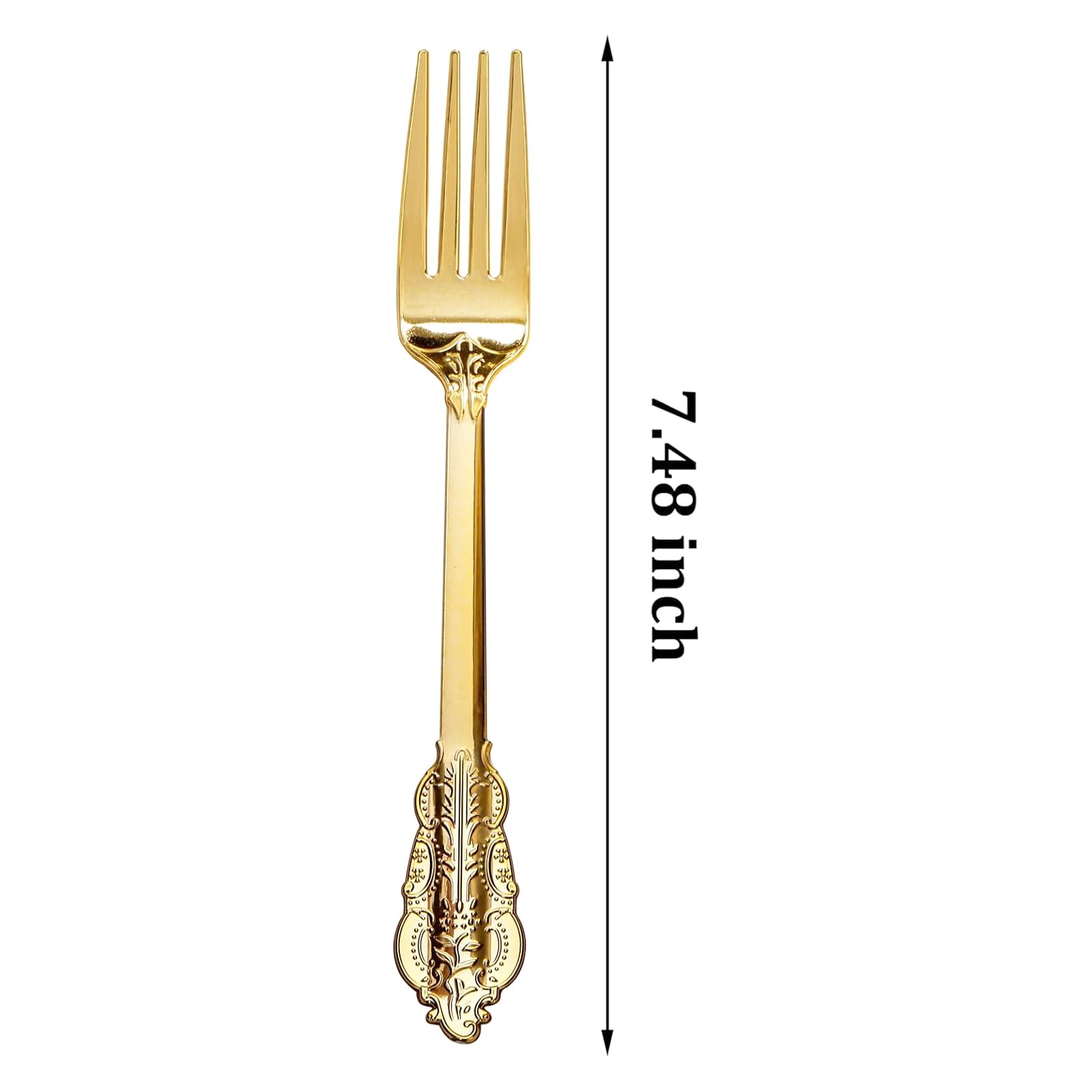 100-Piece Gold Plastic Forks Disposable - 7.48 Inch Elegant Baroque Silverware for Dessert, Cake, Party & Wedding - Heavy Duty Disposable Cutlery for Catering, Picnics & Daily Use