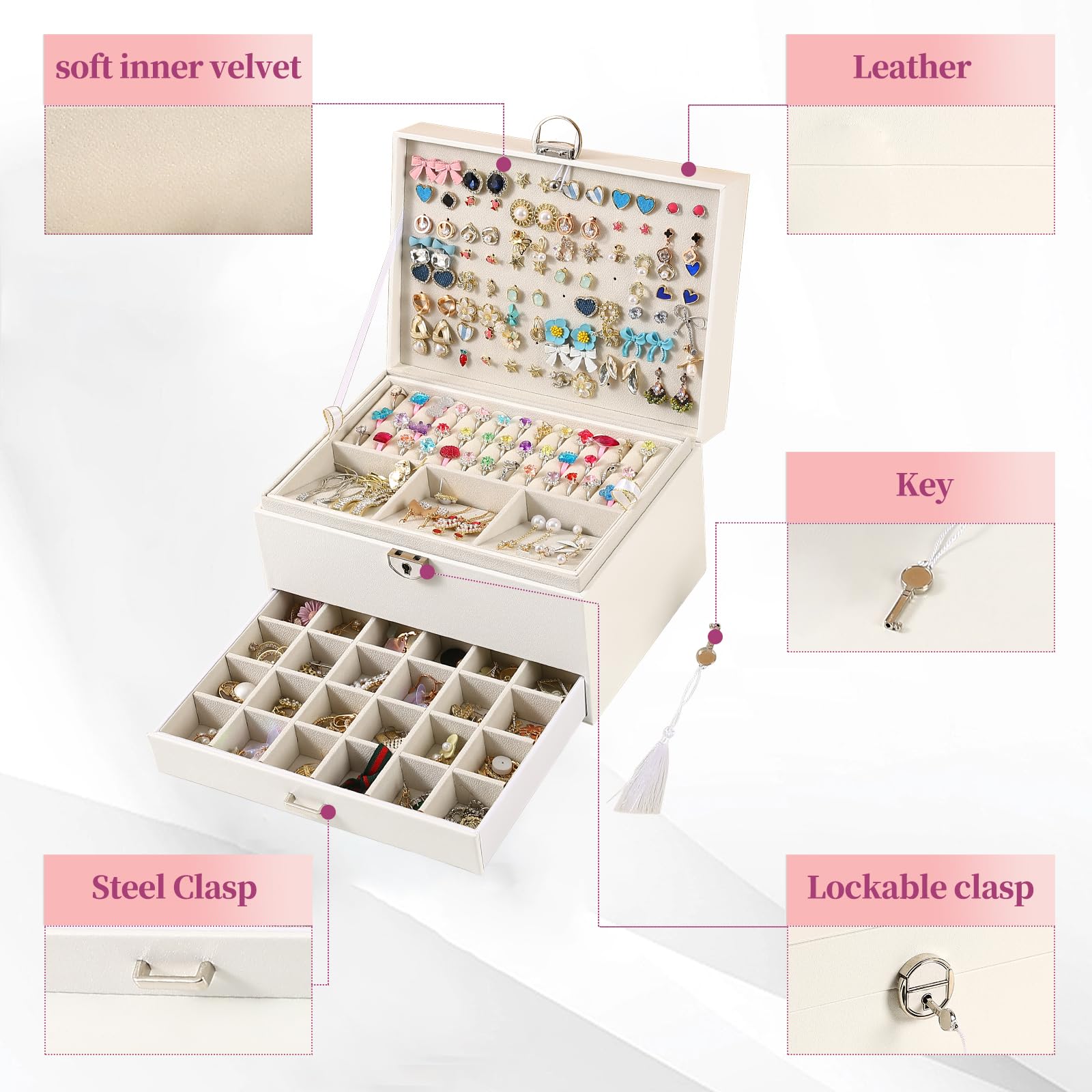 BOOVO 5-Layer Jewelry Organizer Box with Lock - Earring Holder, Necklace & Ring Storage for Women & Girls - Perfect for Travel, Home & Gift (White)
