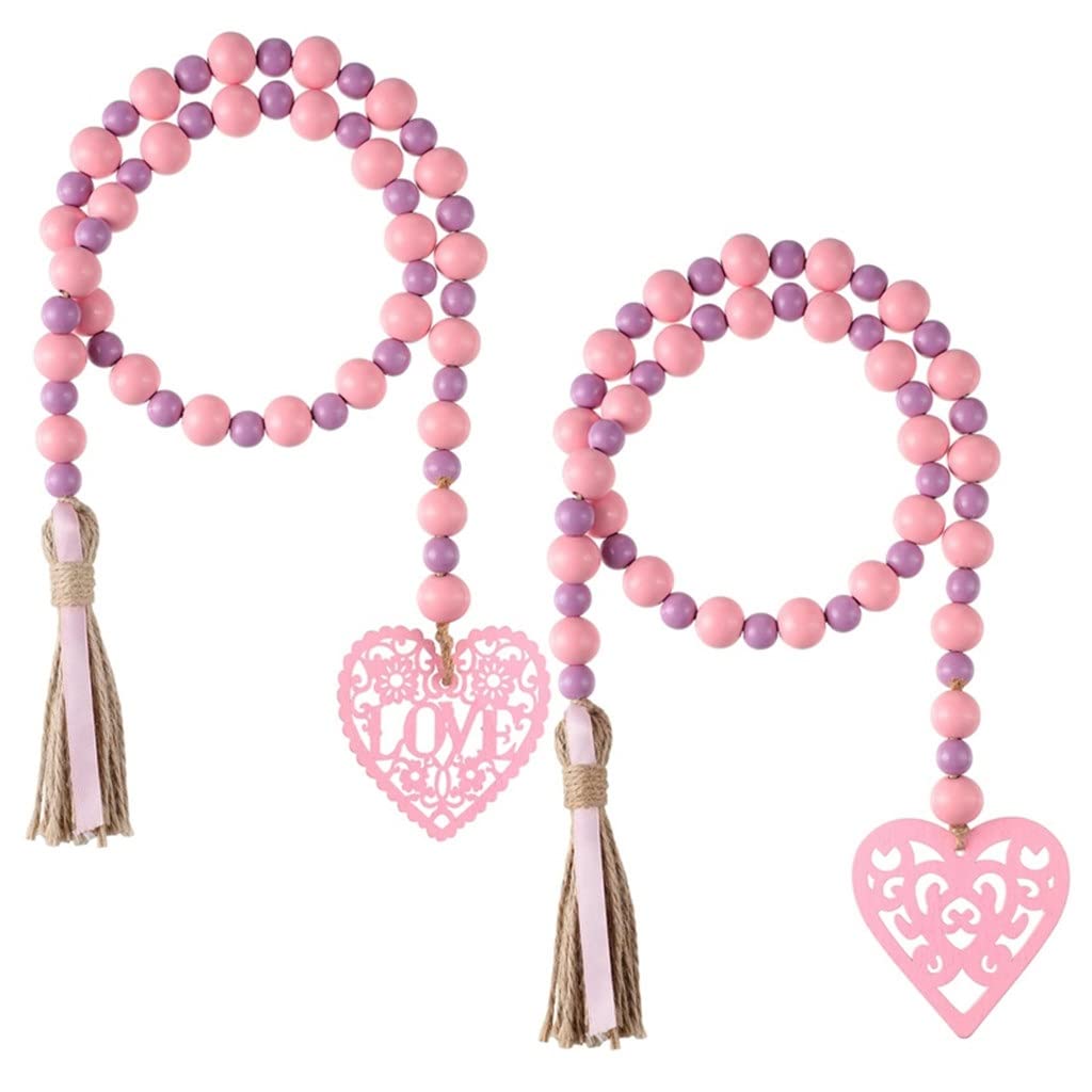 2 Pack Valentine's Day Wooden Bead Garland - Rustic Heart Shaped Farmhouse Decor with Tassels for Tiered Trays, Wedding, Baby Shower & Home Decoration (Color A, One Size)