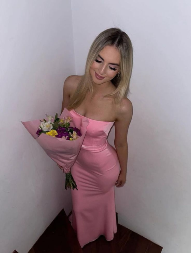 Elegant Strapless Pink Satin Long Prom Dress for Bridesmaids - Mermaid Style Formal Gown J6724 | Perfect for Weddings, Prom Nights & Special Occasions