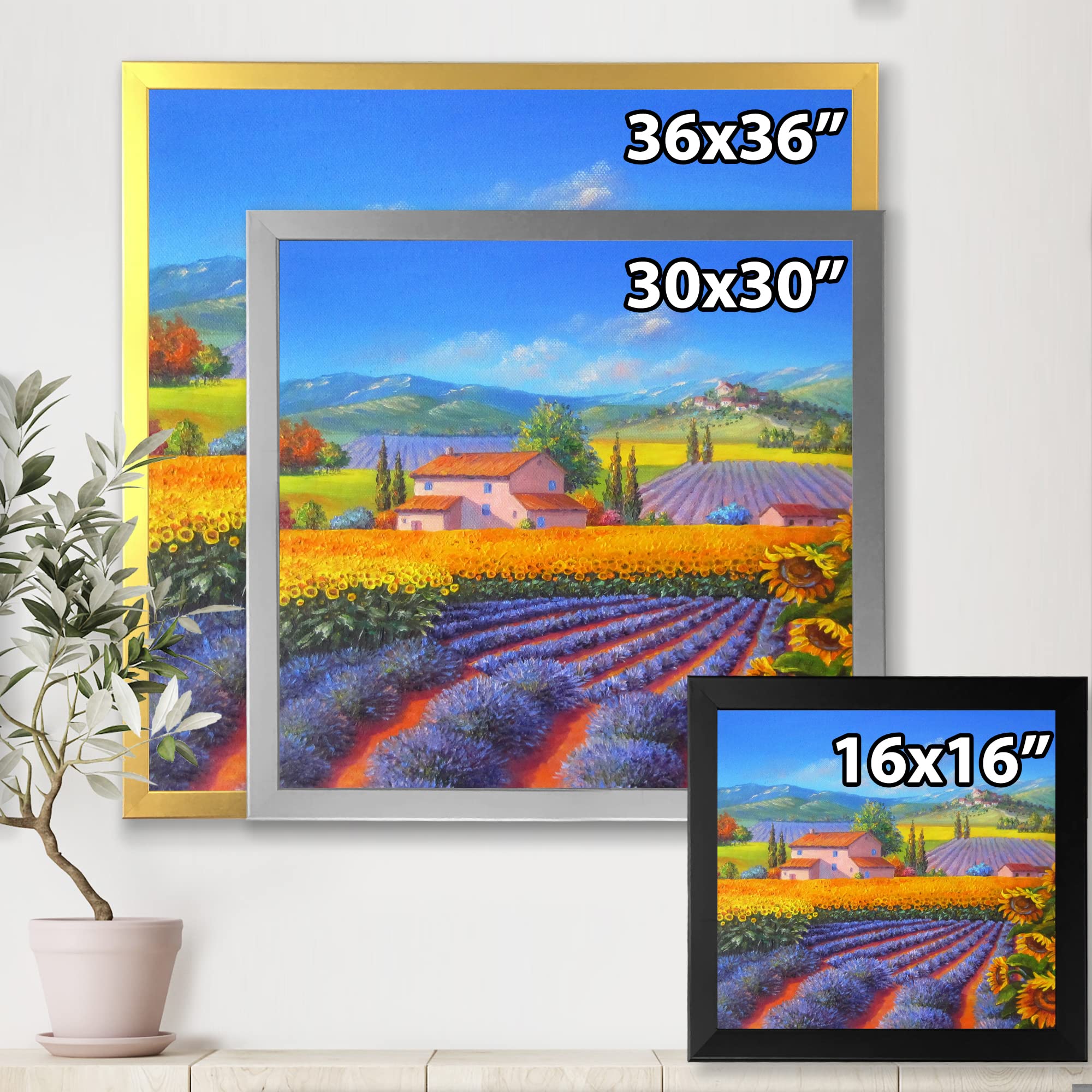 DesignQ Lavender and Sunflower Fields Traditional Framed Wall Art - Hand-Painted Canvas Painting for Living Room, Bedroom & Office Decor