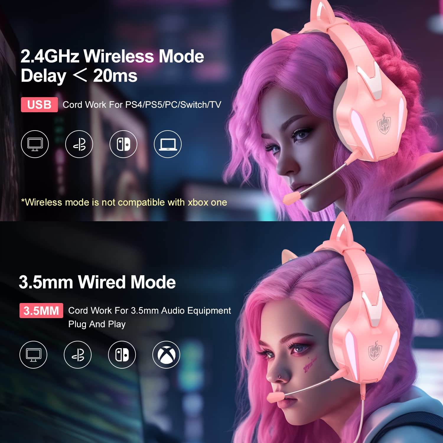 PHOINIKAS Wireless Gaming Headset for PS4, PS5, PC, Nintendo Switch & Xbox Series - 2.4GHz Wireless Headphones with Detachable Noise Canceling Mic, 7.1 Surround Sound, 3.5mm Wired Mode (Pink & Grey) - Perfect for Competitive Gaming, Streaming & Late-Night Sessions