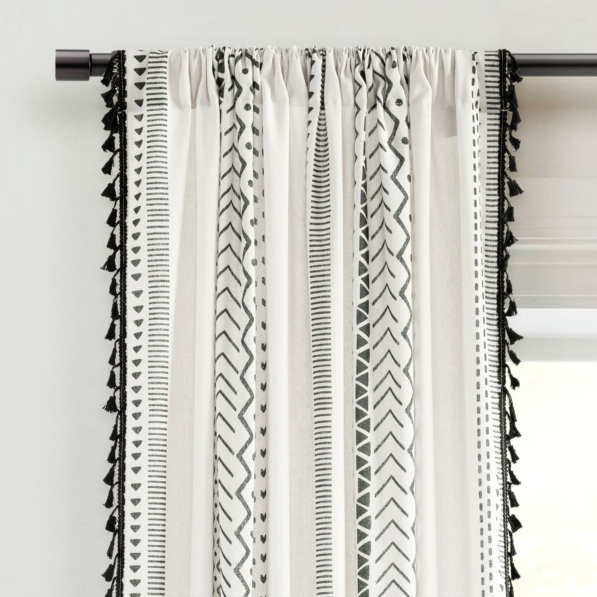 Boho Stripe Tassel Window Curtains - Light Filtering Hygge Style Curtain Panels Set for Living Room, Bedroom & Nursery (2 Panels)