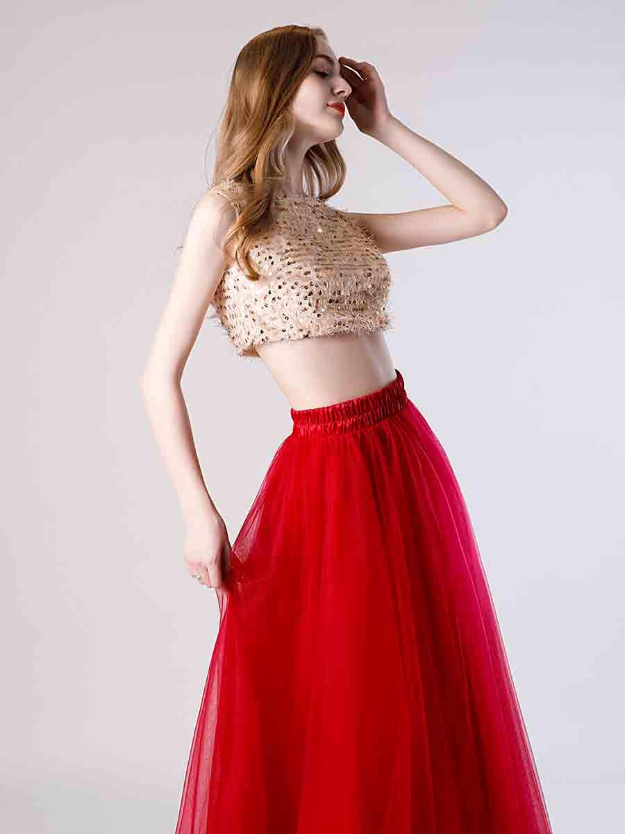 Elegant Women's Two-Piece Prom Dresses 2020 | Long Sequins Tulle Formal Party Gowns for Homecoming, Evening Galas & Special Occasions