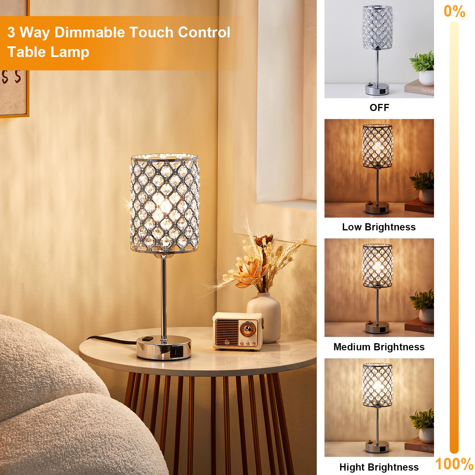 2-Pack Crystal Table Lamps with USB-C & AC Outlet - Silver Nightstand Touch Lamps, 3-Way Dimmable LED Bedside Lamps for Bedroom & Living Room - Perfect for Reading, Working & Creating Cozy Ambiance (Bulbs Included)