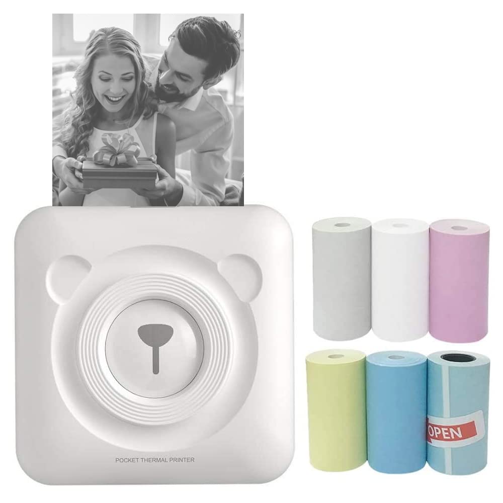 Portable Mini Thermal Printer for Photos, Labels, Memos & Receipts - Wireless Pocket Printer with 6+1 Roller Paper, Compatible with Android, iOS, Windows (White) - Perfect for Home, Office, Travel & Small Business Use