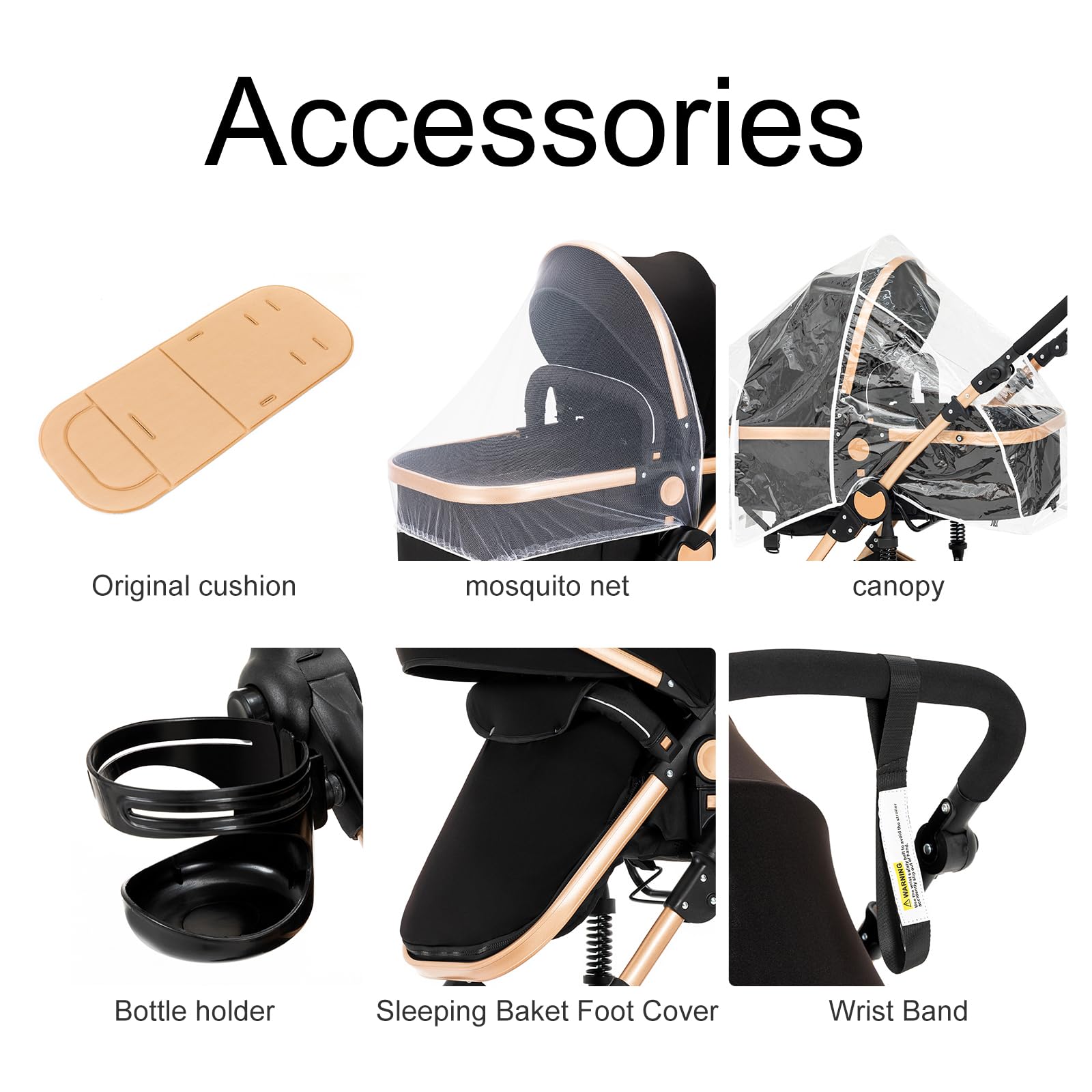 3 in 1 Baby Travel System - Reversible Stroller with Car Seat Base | Foldable Luxury Pram for Newborn & Toddler | Portable Pushchair for Shopping, Park & Travel (UD588-BLACKGOLD)