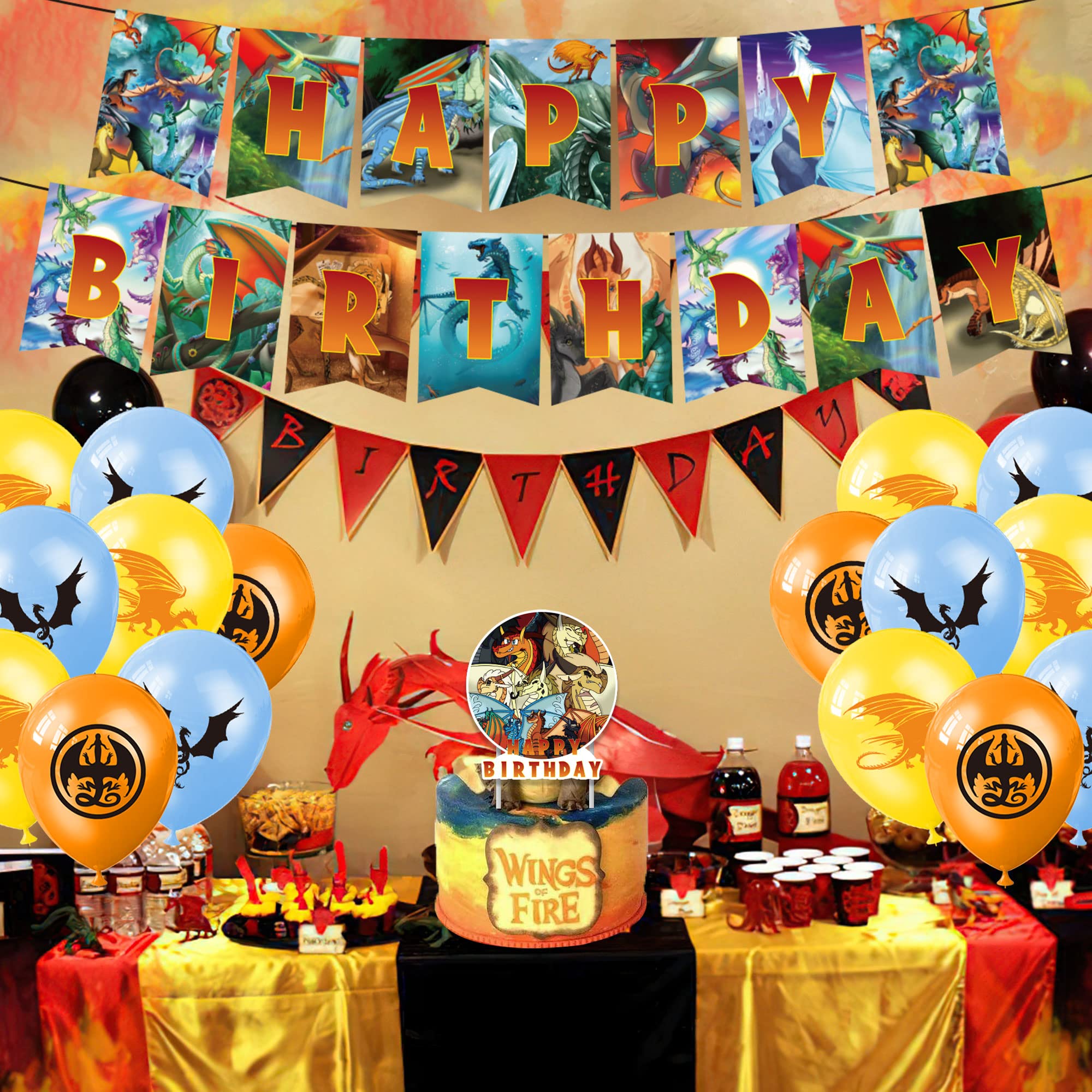 92Pcs Wings of Fire Dragon Party Decorations Set - Happy Birthday Banner, Balloons, Cupcake Toppers & Stickers for Kids & Adults - Perfect for Themed Birthday Parties, Baby Showers & Fantasy Celebrations