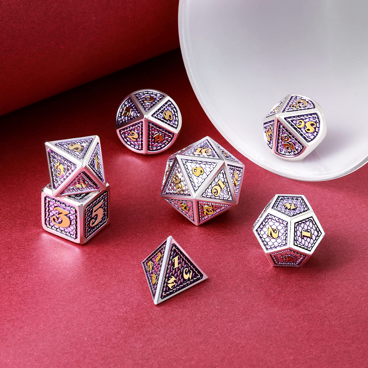 DNDND Metal DND Dice Set - 7-Piece Dragon Scale Metallic D&D Dice with Velvet Pouch for Dungeons & Dragons RPG Games (Lilac with Silver Edge) | Perfect for Tabletop Gaming, D&D Sessions & Fantasy Role-Playing Adventures