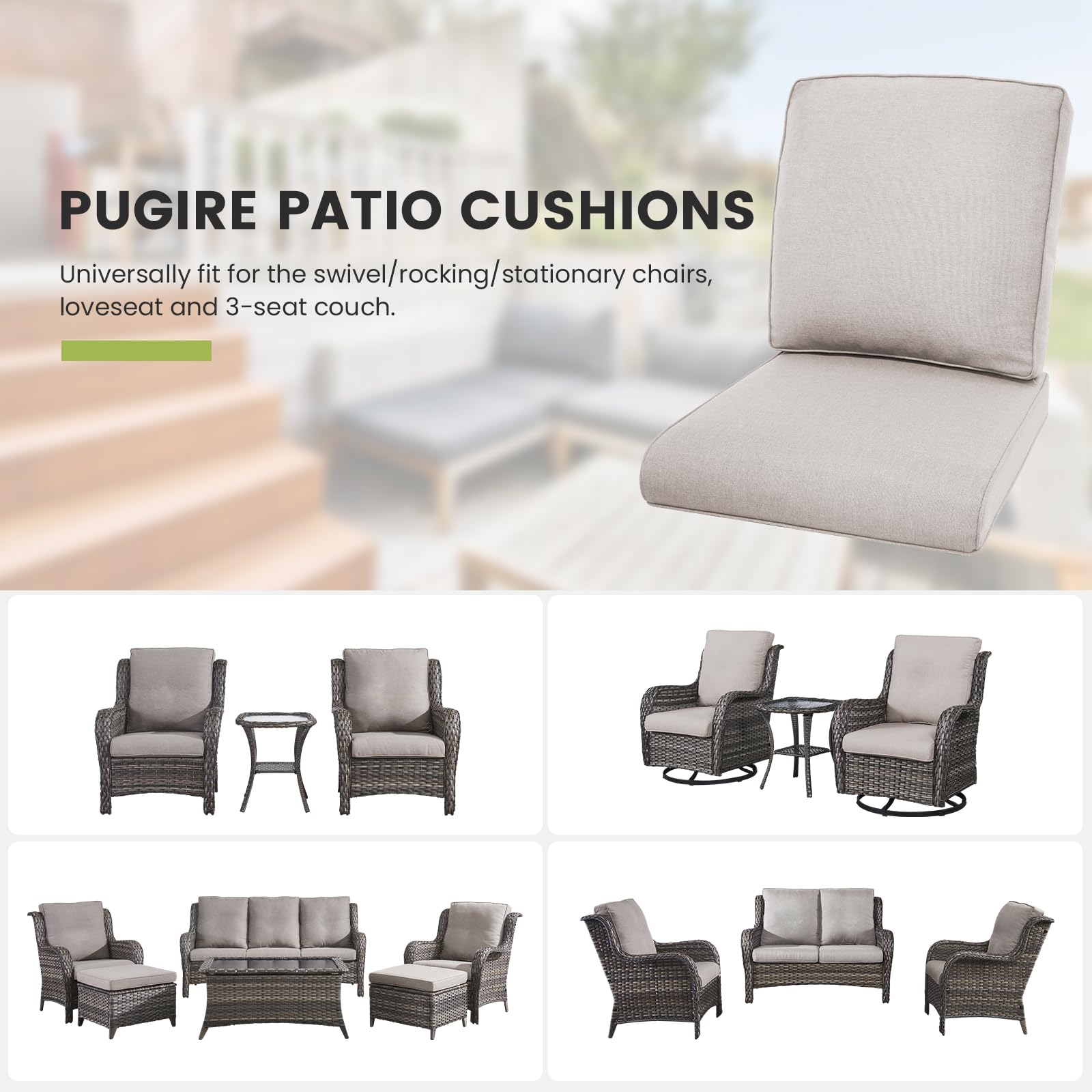 3-Piece Outdoor Chair Cushions Set - Waterproof Durable Thick Replacement Cushions 22x24 with Zipper Cover for Patio, Glider Rocking Chairs, Loveseat & Outdoor Furniture - Beige/Classic - Perfect for Backyard, Garden & Poolside Relaxation