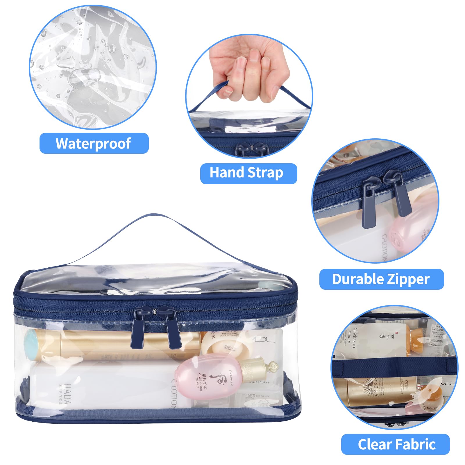 2 Pack Clear Makeup Bags for Travel - TSA Approved Waterproof Transparent Toiletry Organizer for Cosmetics | Perfect for Airplane Carry-On, Gym Essentials & Vacation Packing (Blue)